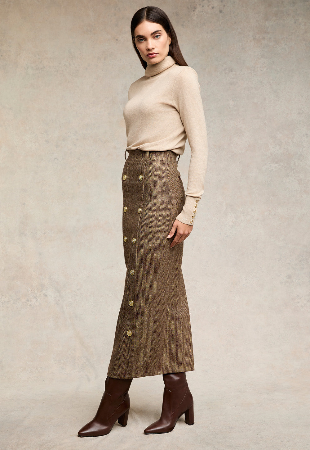 Knightsbridge Maxi Skirt - Large Scale Brown Herringbone