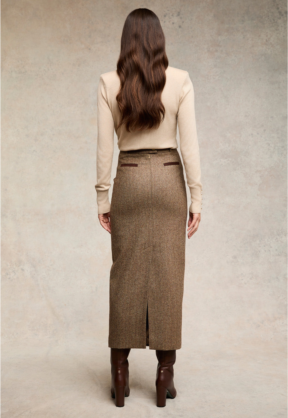 Knightsbridge Maxi Skirt - Large Scale Brown Herringbone