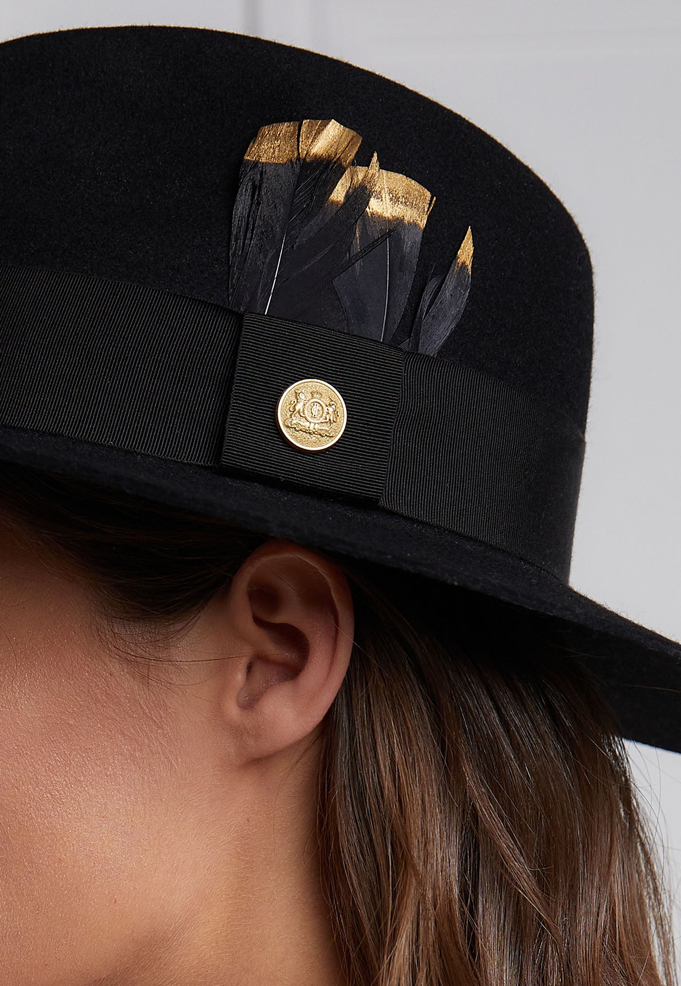 Trilby Hat - Gold Feather Black