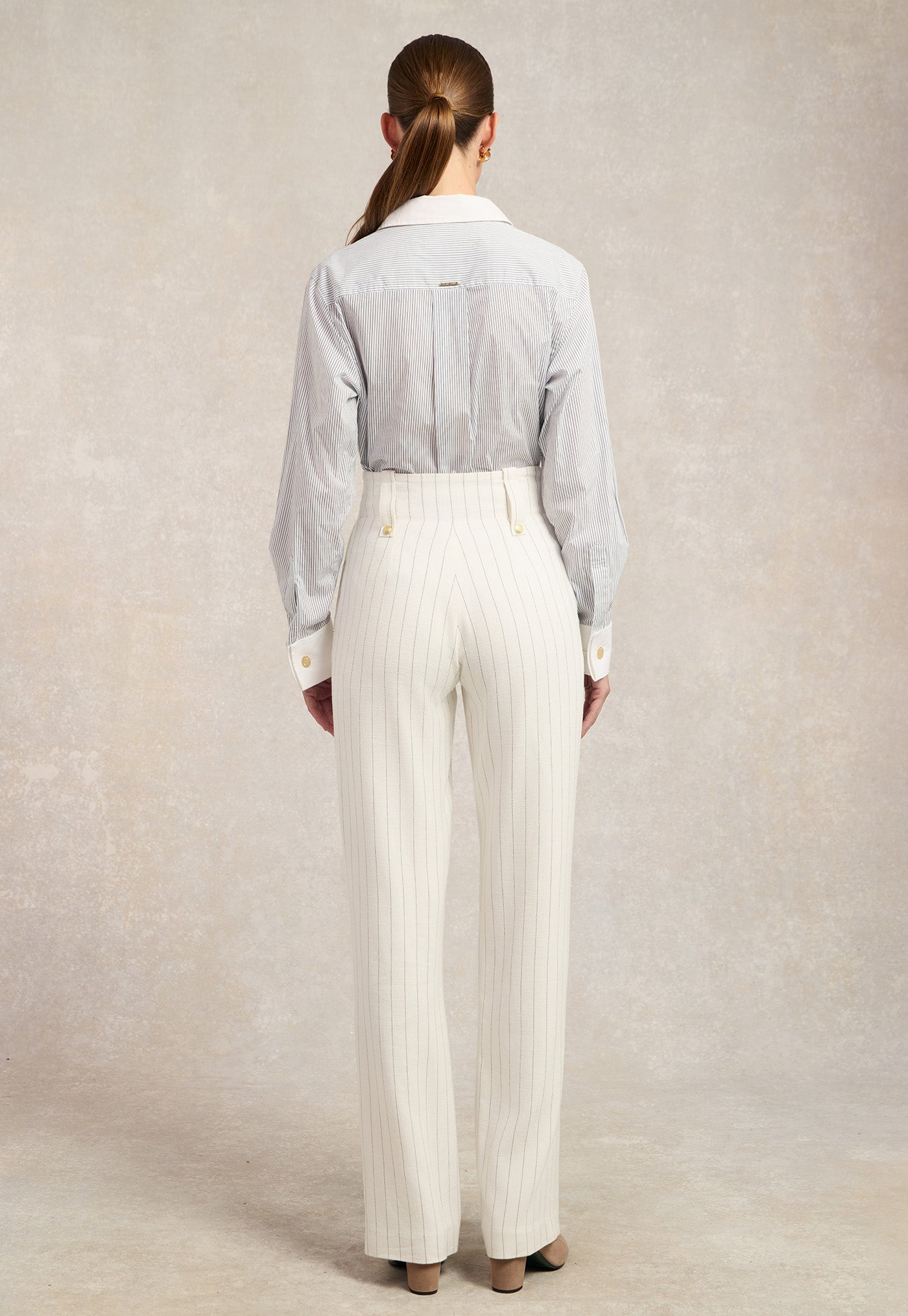 High Waisted Straight Trouser - Oyster Linen Pinstripe