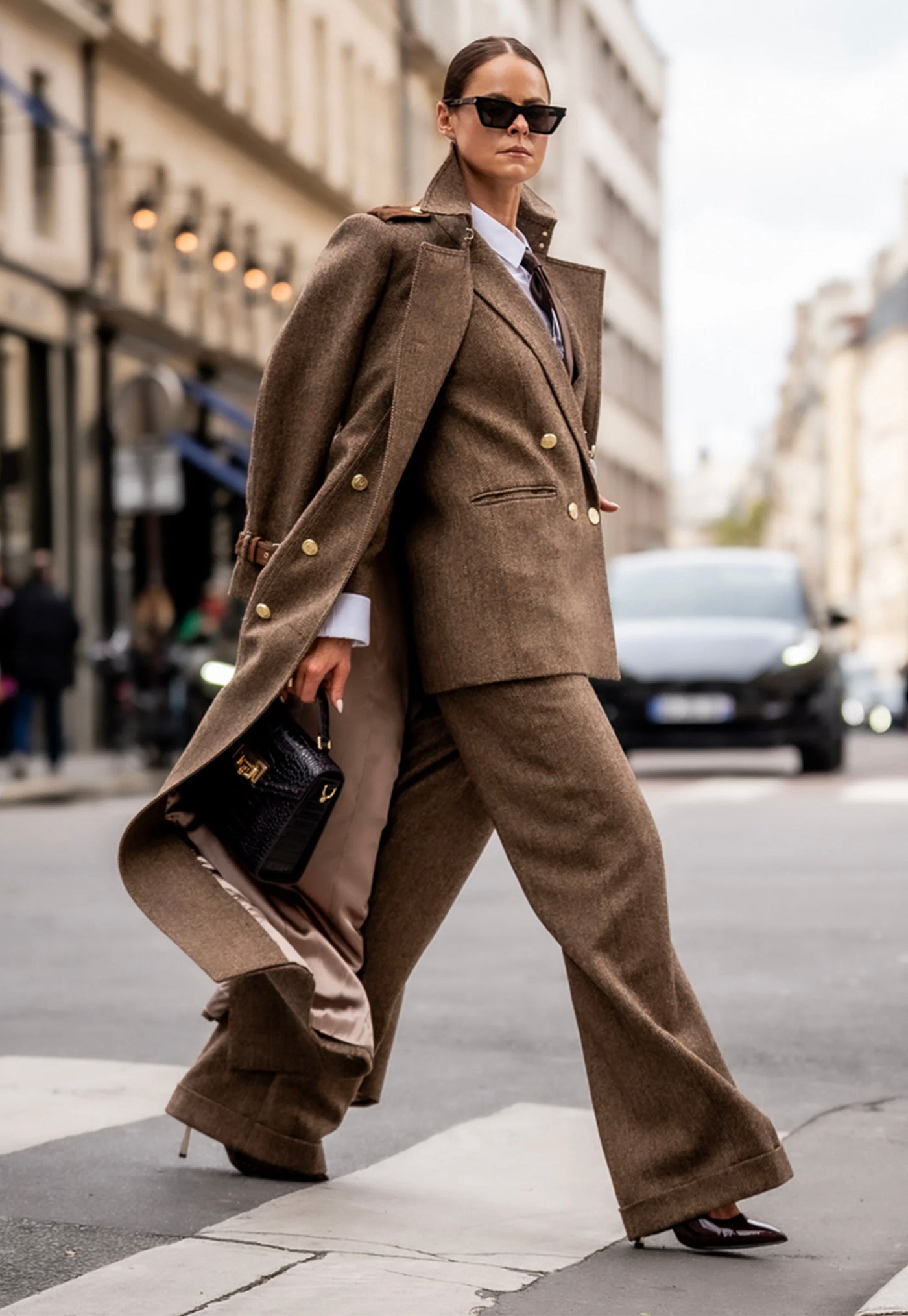 High Waisted Wide Leg Trouser - Large Scale Brown Herringbone