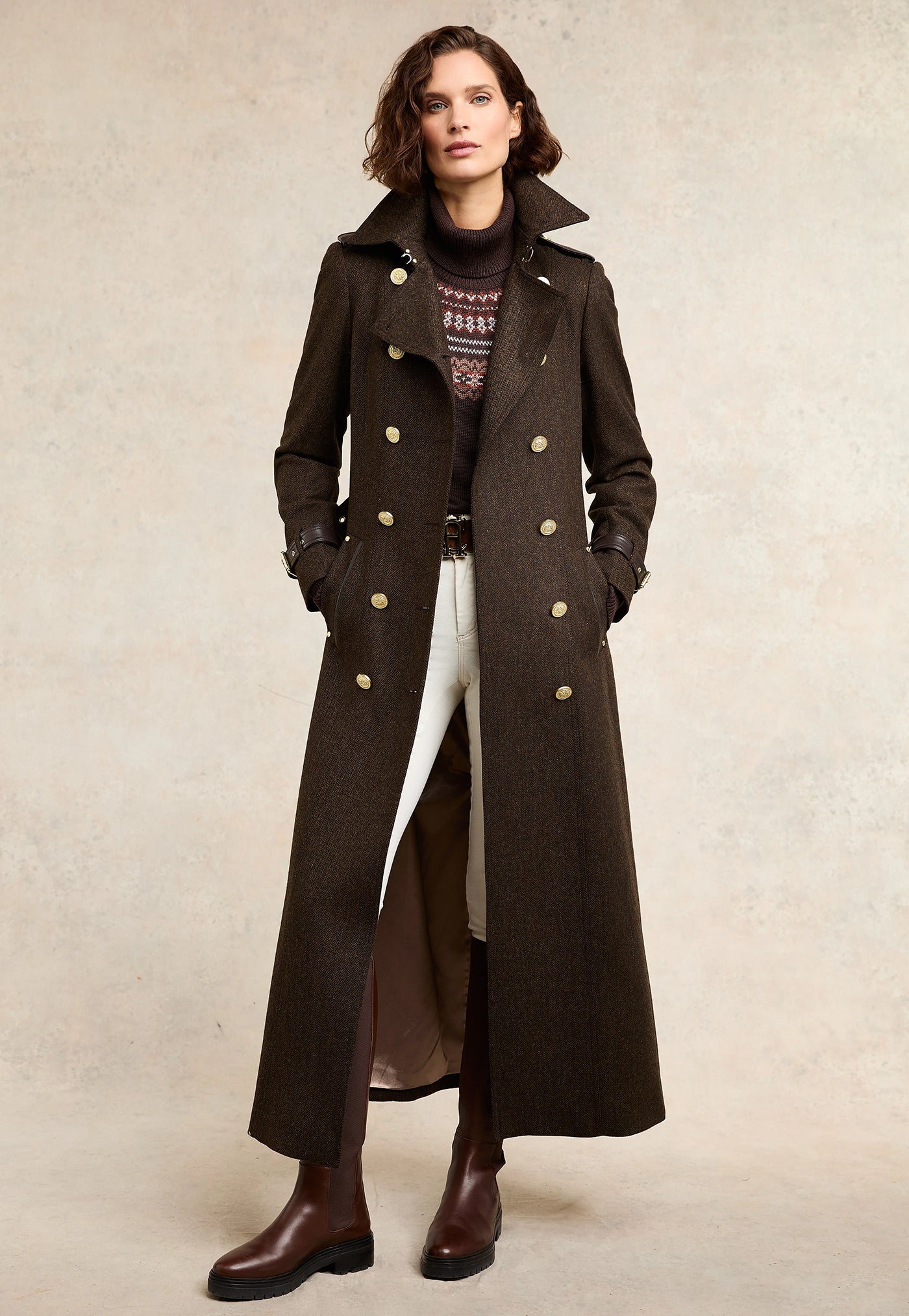 Marlborough Trench Coat Full Length - Chocolate Herringbone