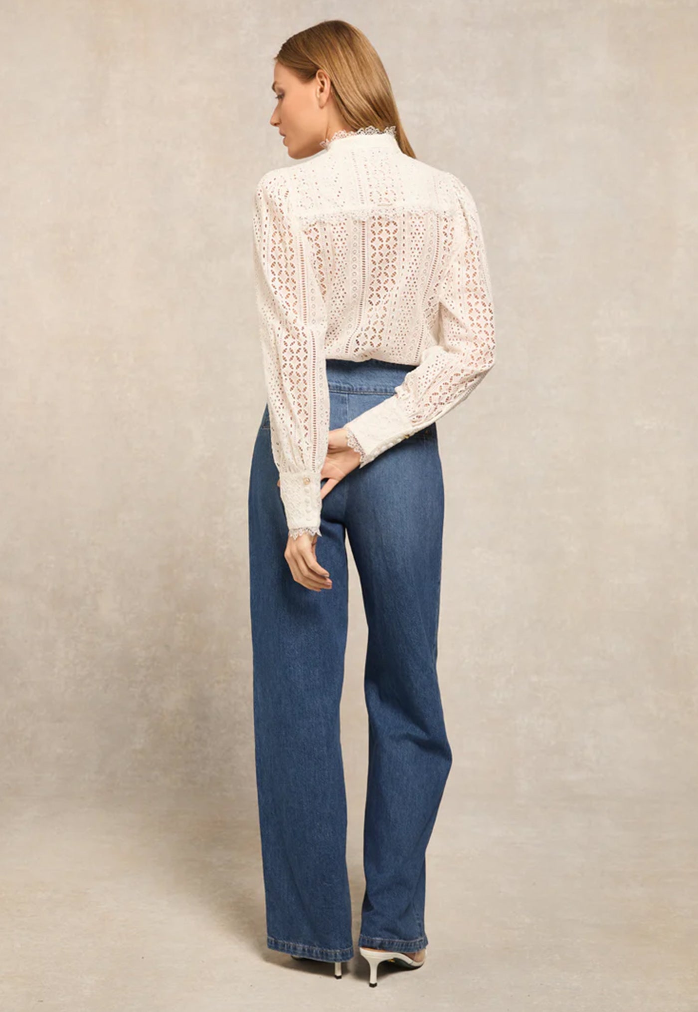 Collarless Broderie Shirt - White