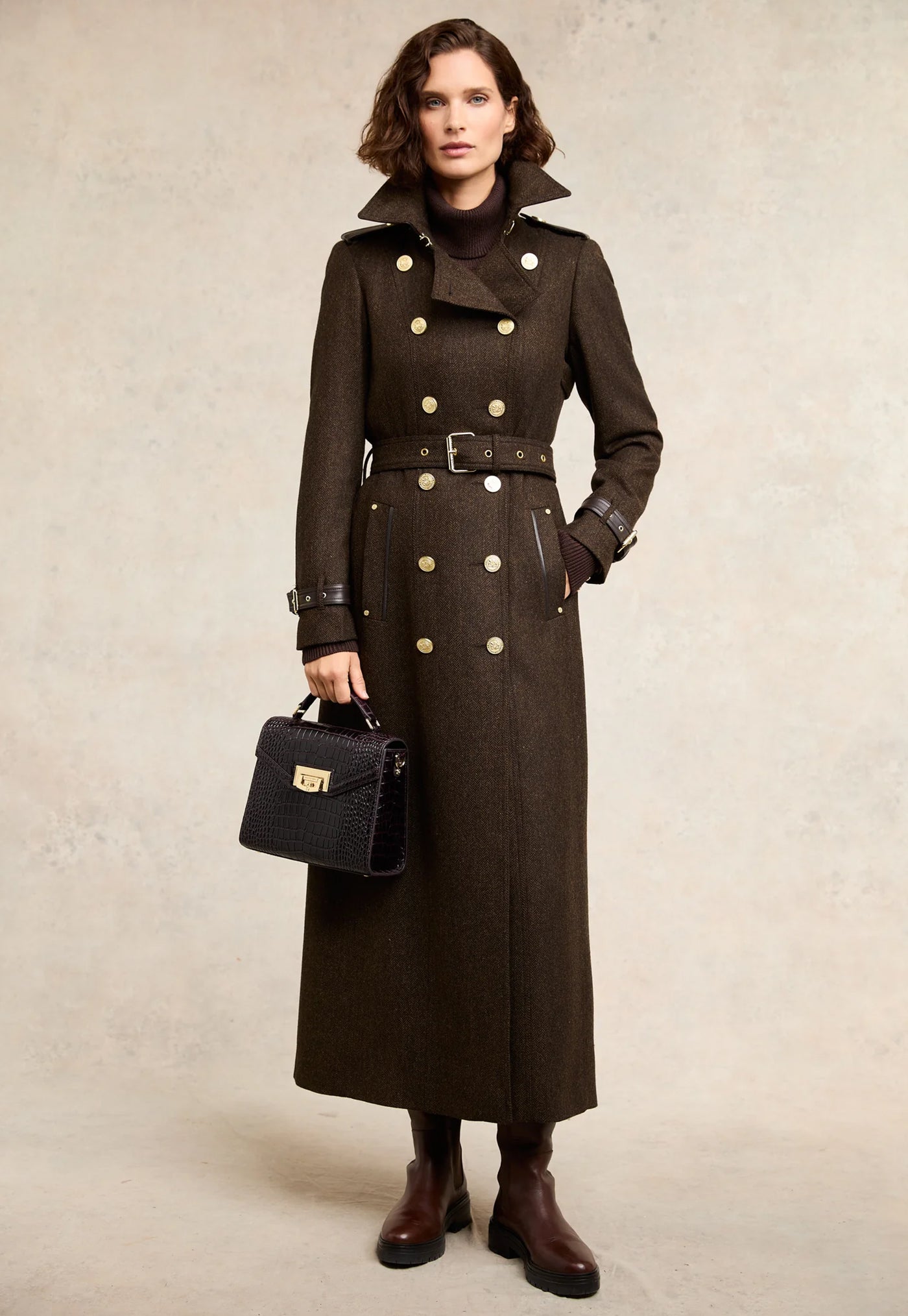 Marlborough Trench Coat Full Length - Chocolate Herringbone