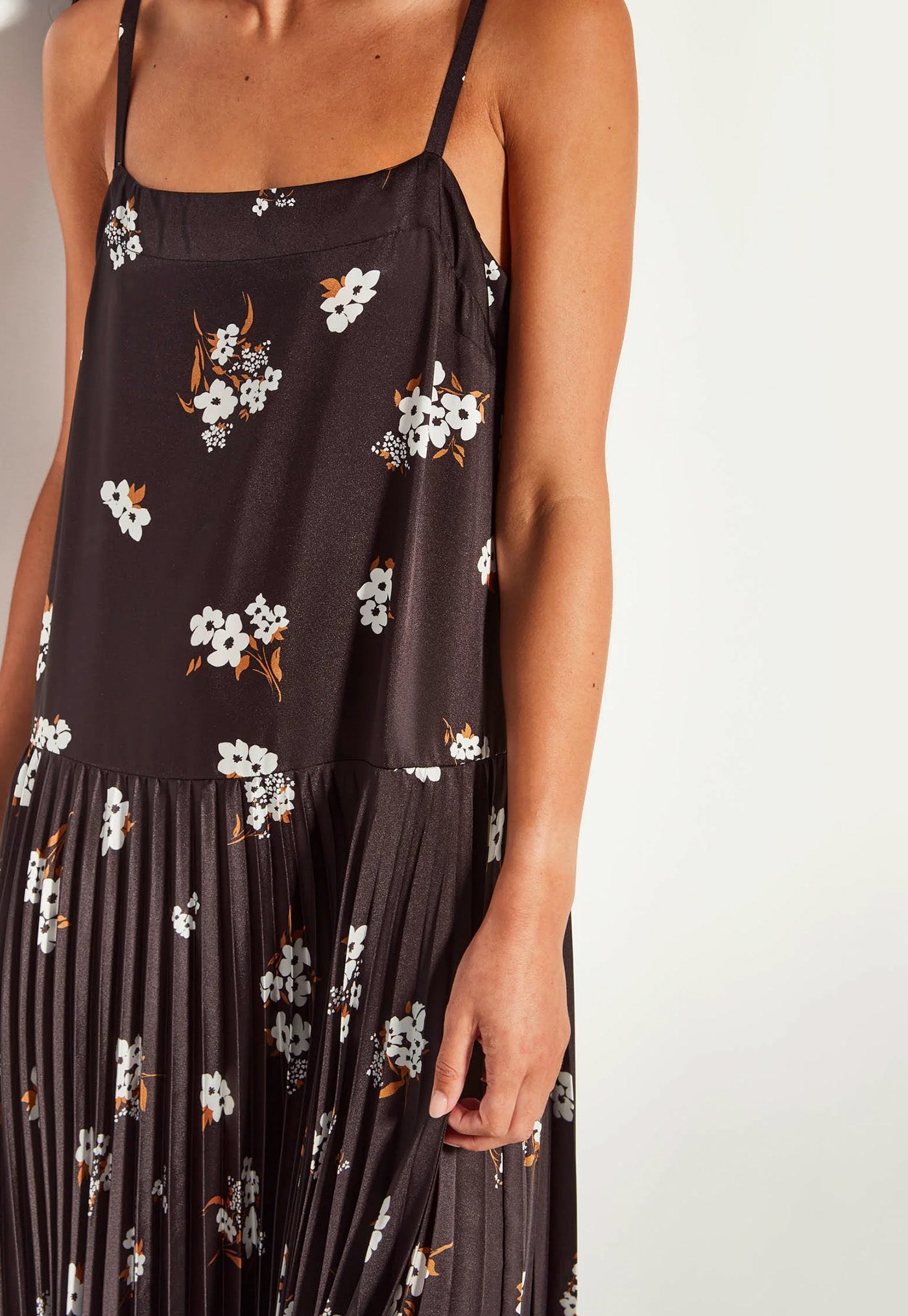 Black floral dress worn by a person on a plain background