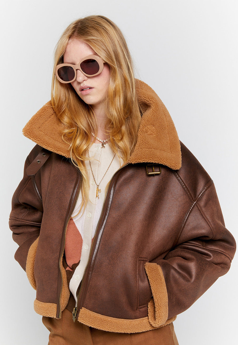 Cropped Aviator Jacket - Brown/Chestnut