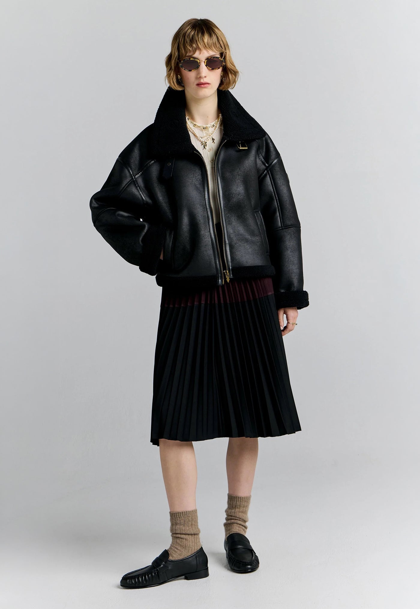 Cropped Aviator Jacket - Black/Brown