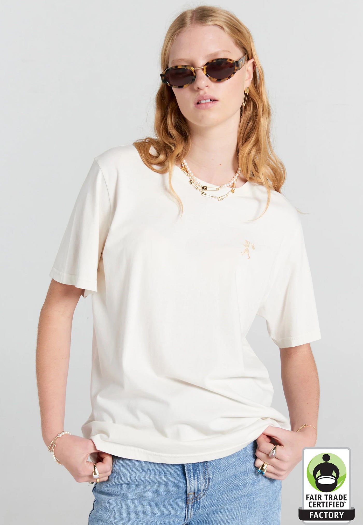 Embroidered Runaway Girl Classic Organic Cotton T-Shirt - Ecru