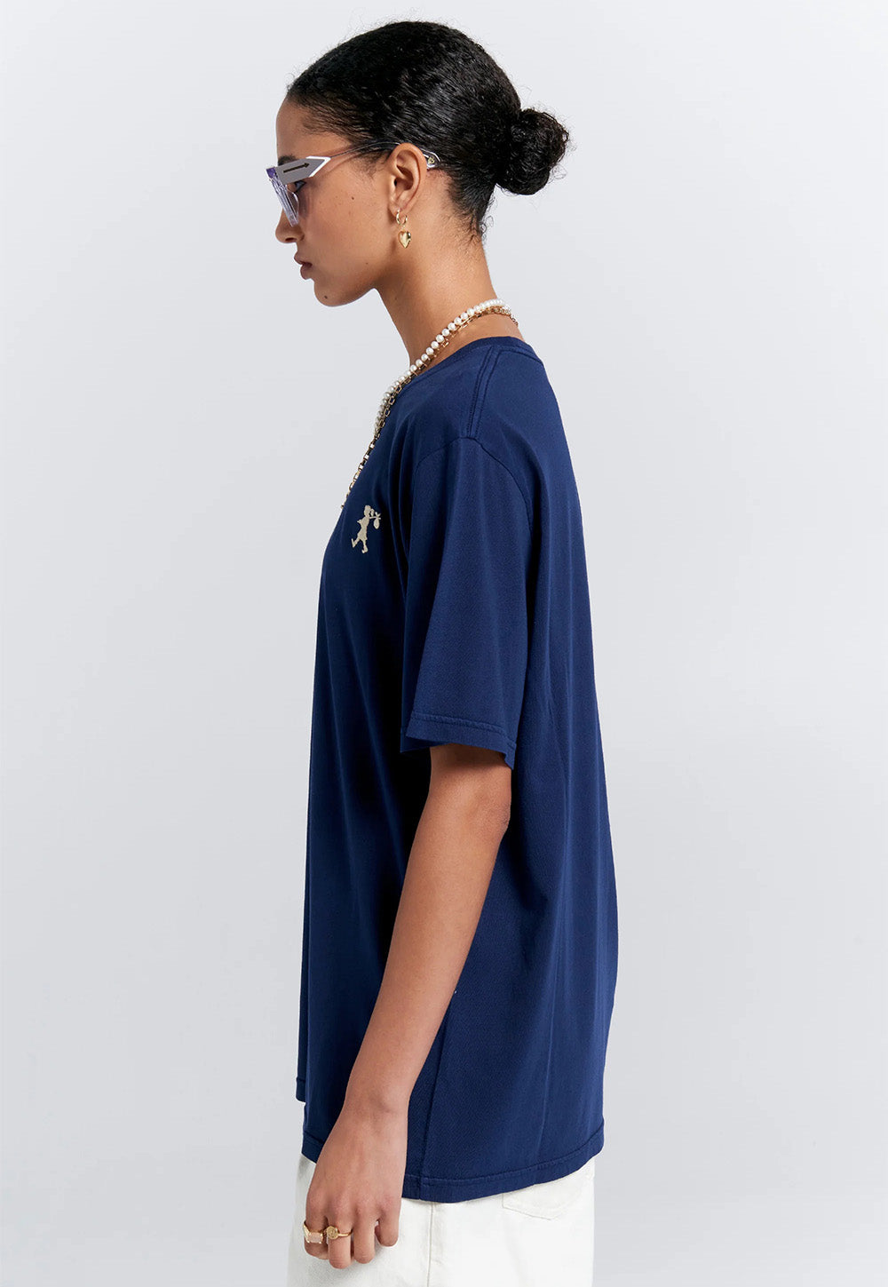 Embroidered Runaway Girl Classic Organic Cotton T-Shirt - Navy