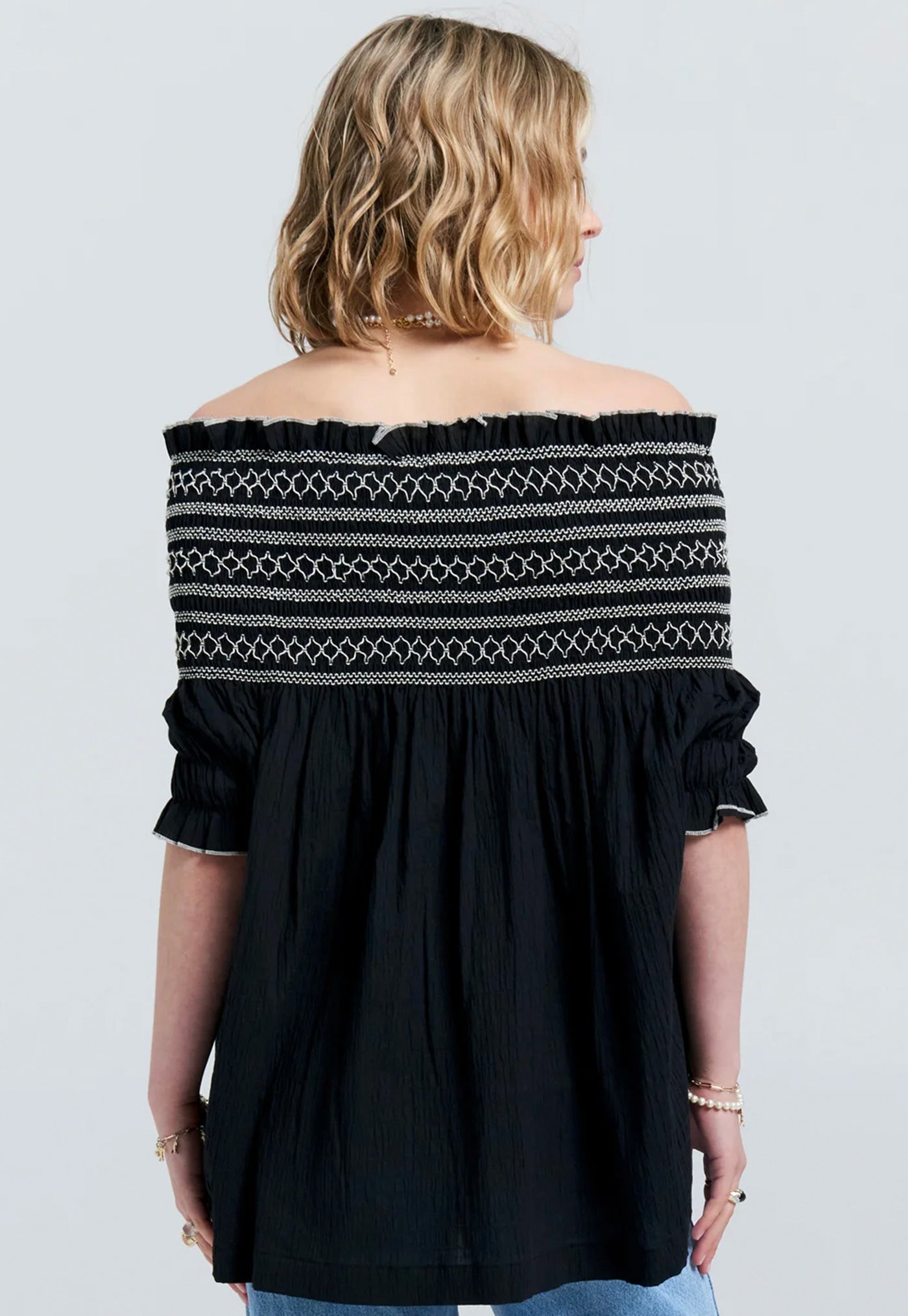 Gaia Smocked Blouse - Organic Cotton Black/Off-White