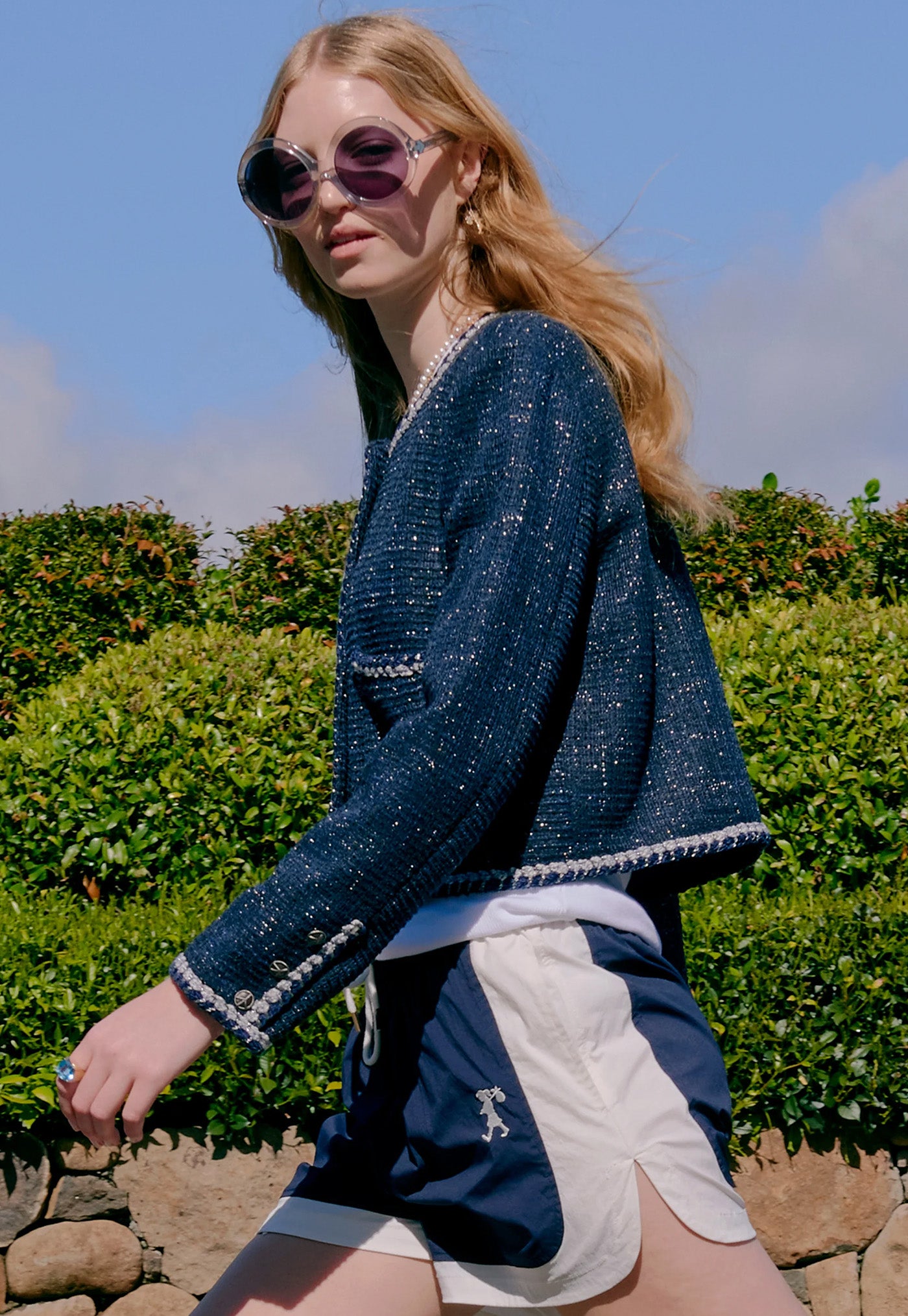 Cropped Boucle Jacket - Navy