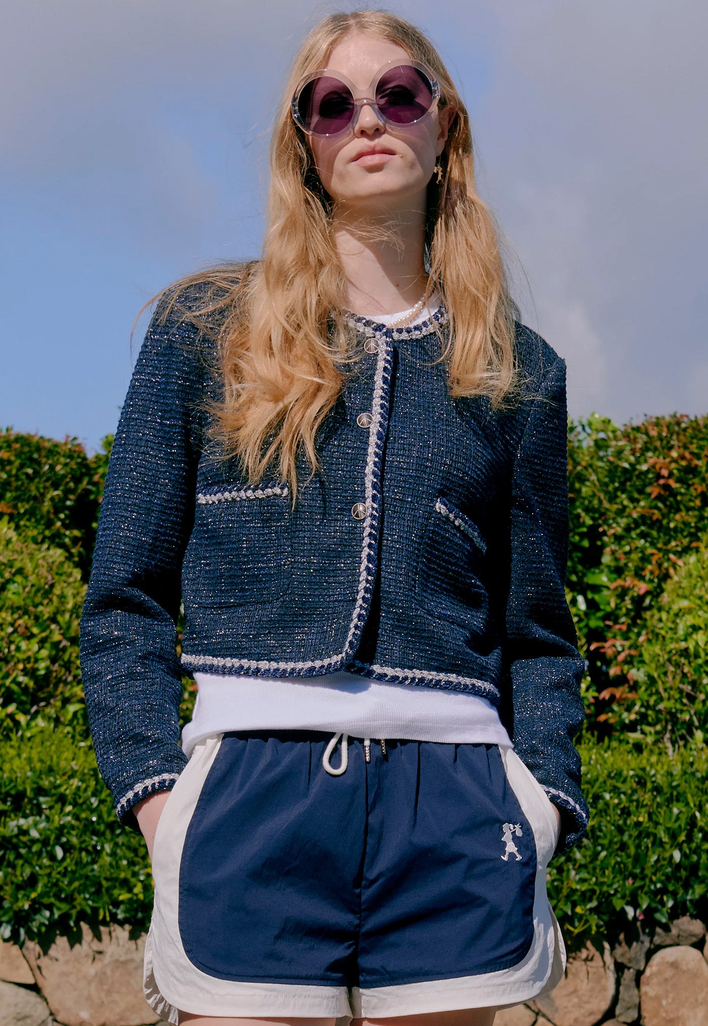 Cropped Boucle Jacket - Navy