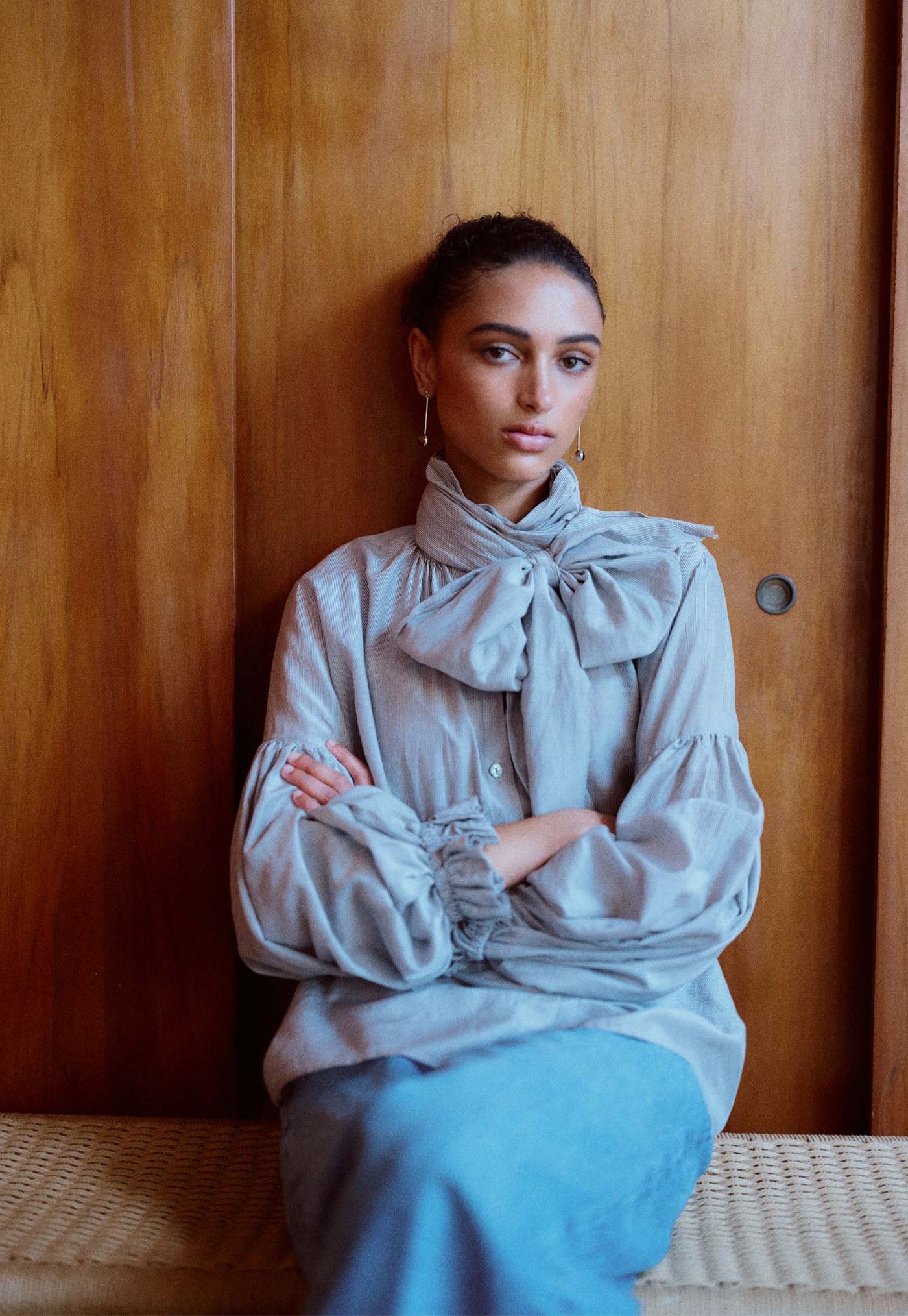 Bow Blouse - Carbon Pinstripe
