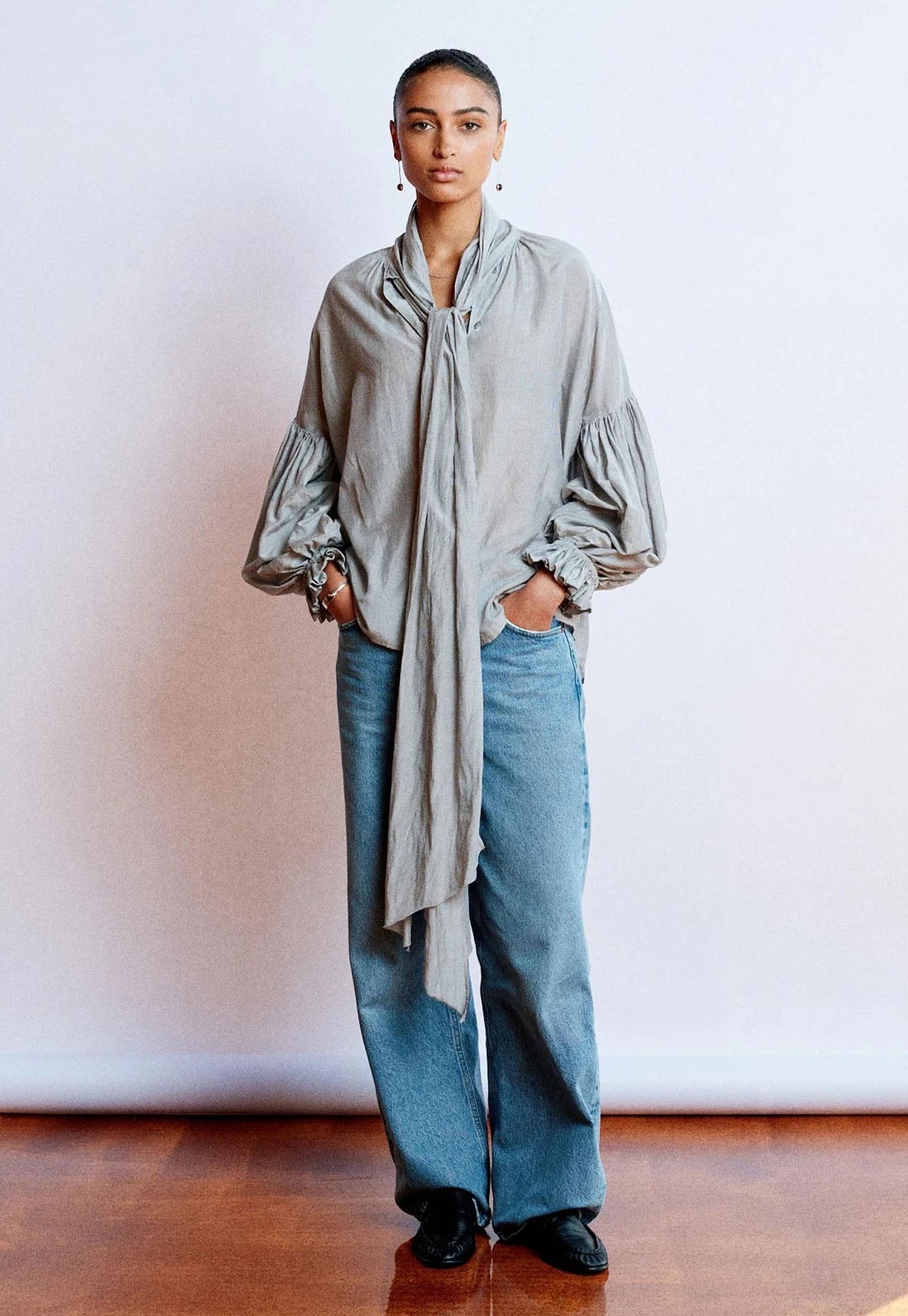 Bow Blouse - Carbon Pinstripe