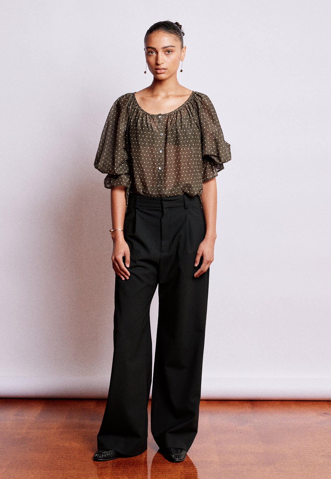 House Bon Blouse - Olive Polka Dot