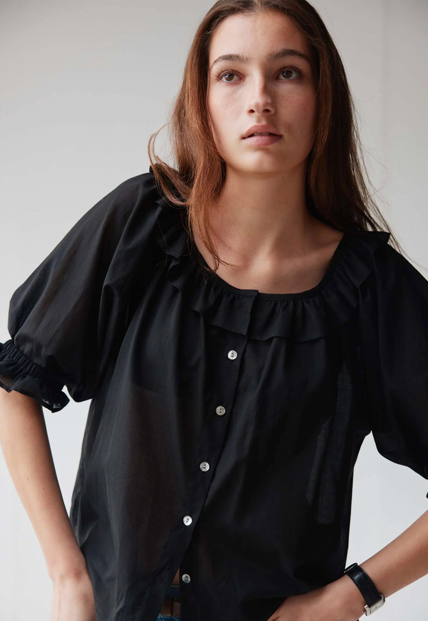 Bon Ruffle Blouse - Black Cotton Voile