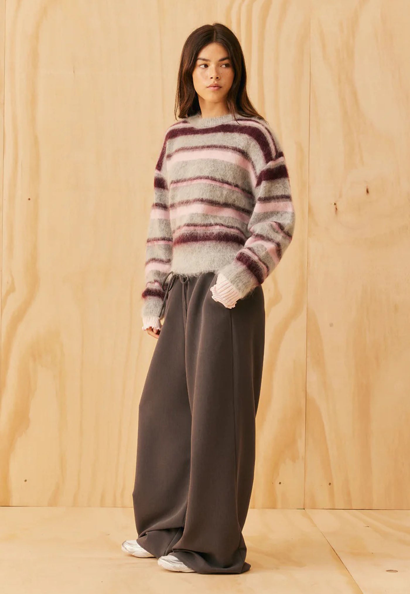 Velma Sweater - Grey Marle Pink Stripe