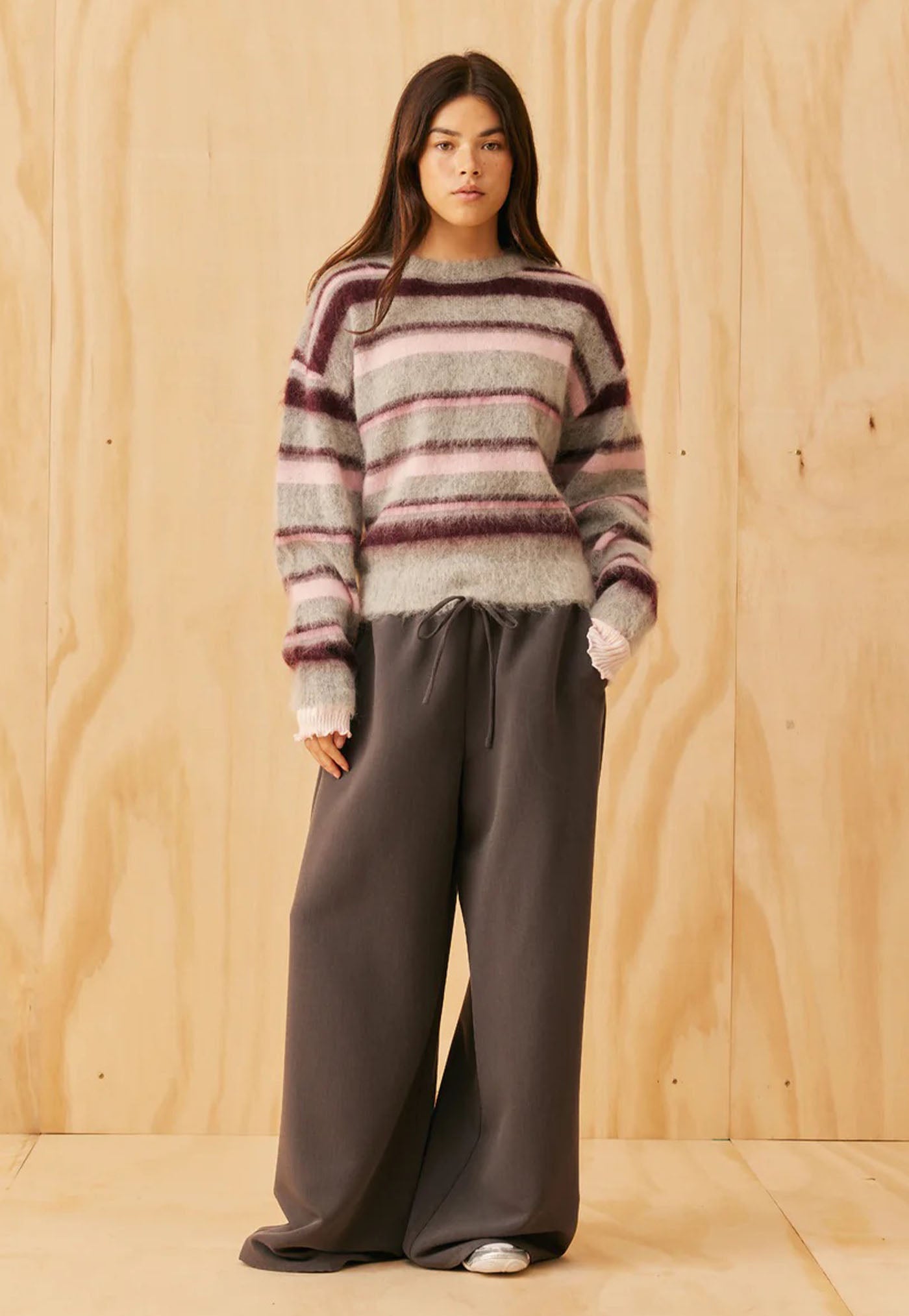 Velma Sweater - Grey Marle Pink Stripe