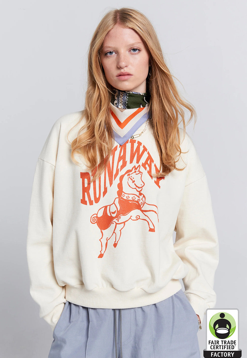 Runaway Carousel Organic Cotton Crewneck Sweatshirt - Ecru/Tangerine