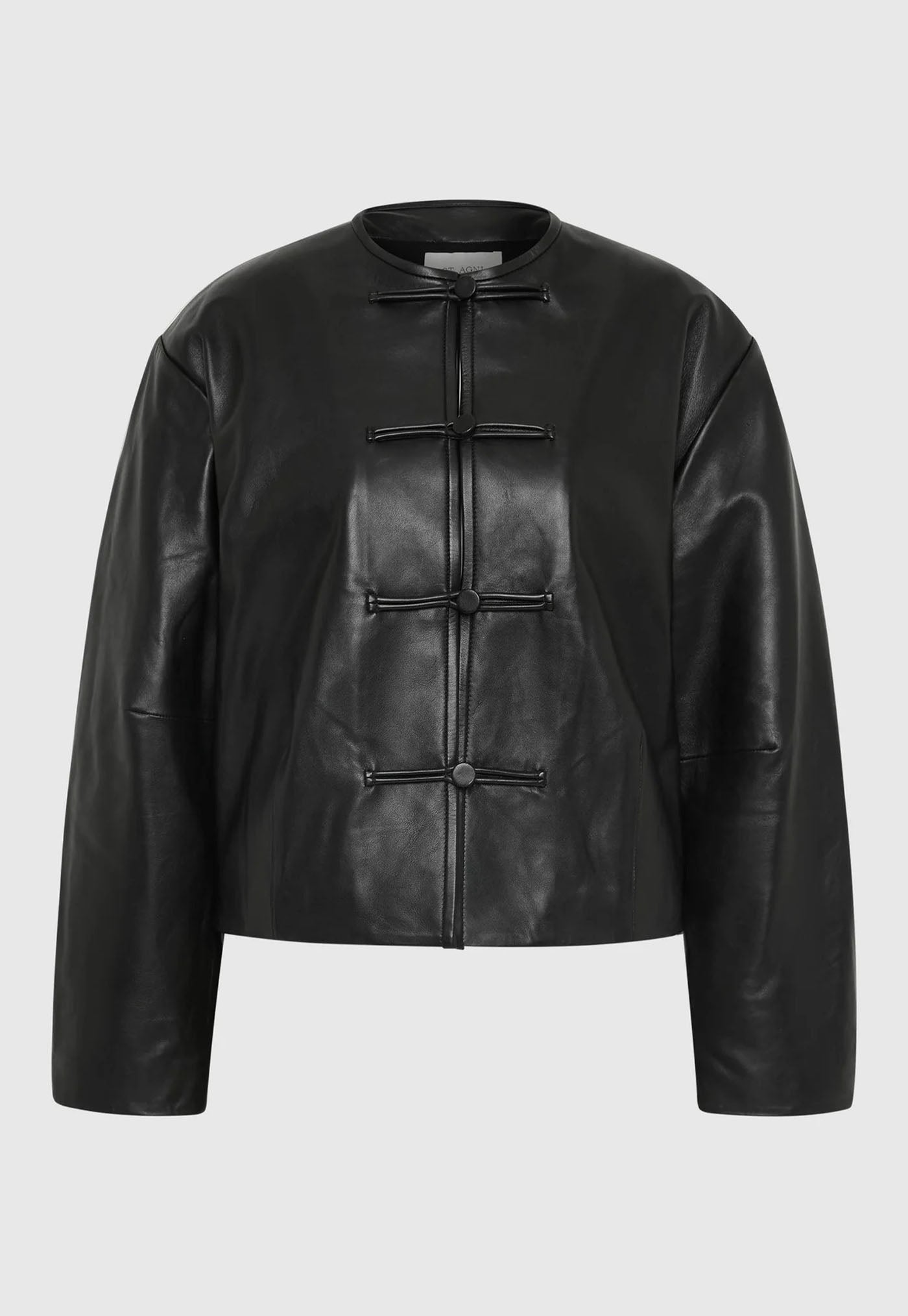 Button Detail Cocoon Leather Jacket - Black