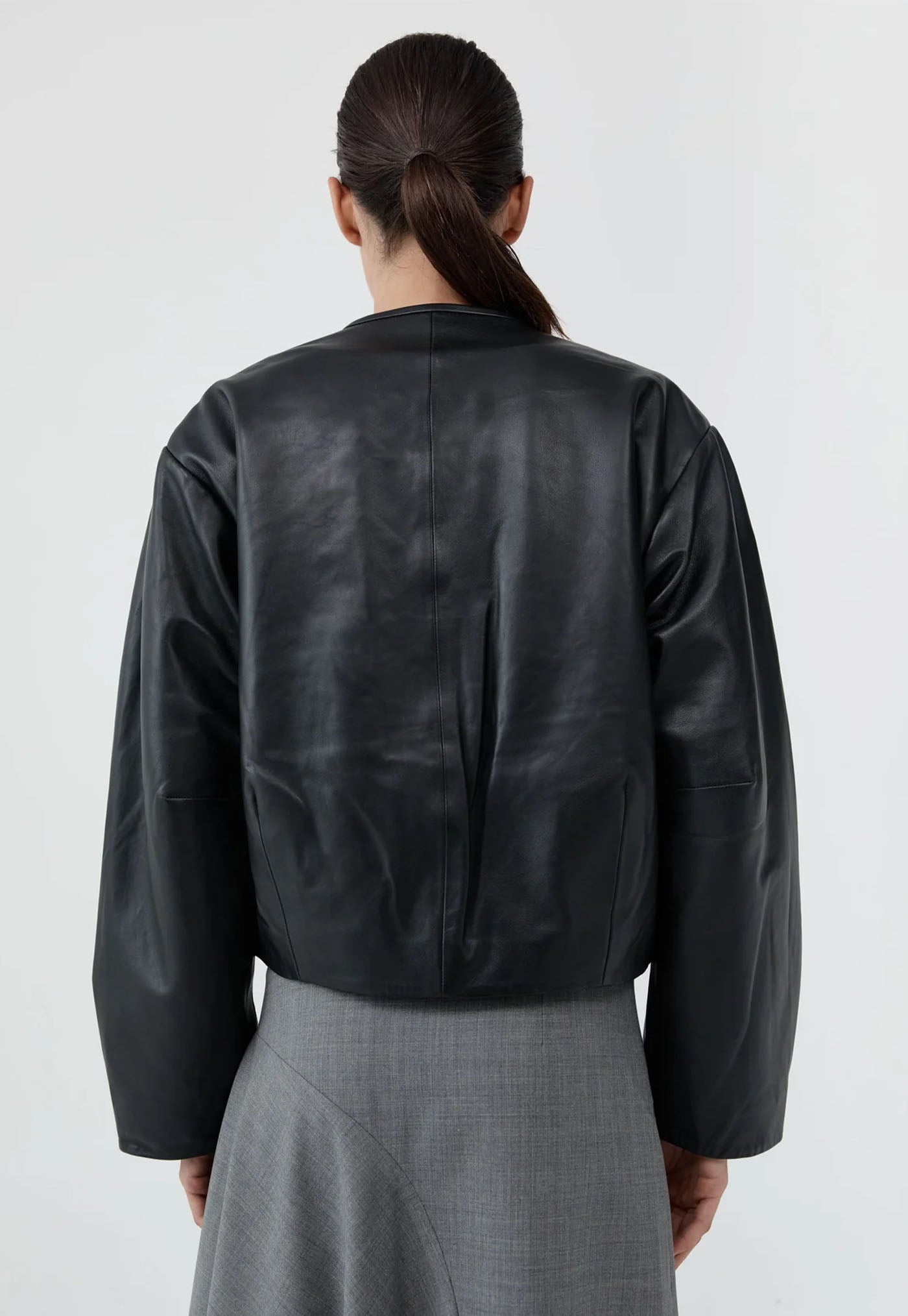 Button Detail Cocoon Leather Jacket - Black