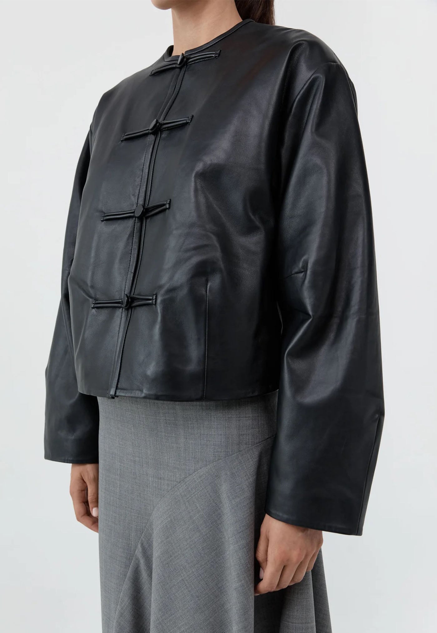 Button Detail Cocoon Leather Jacket - Black