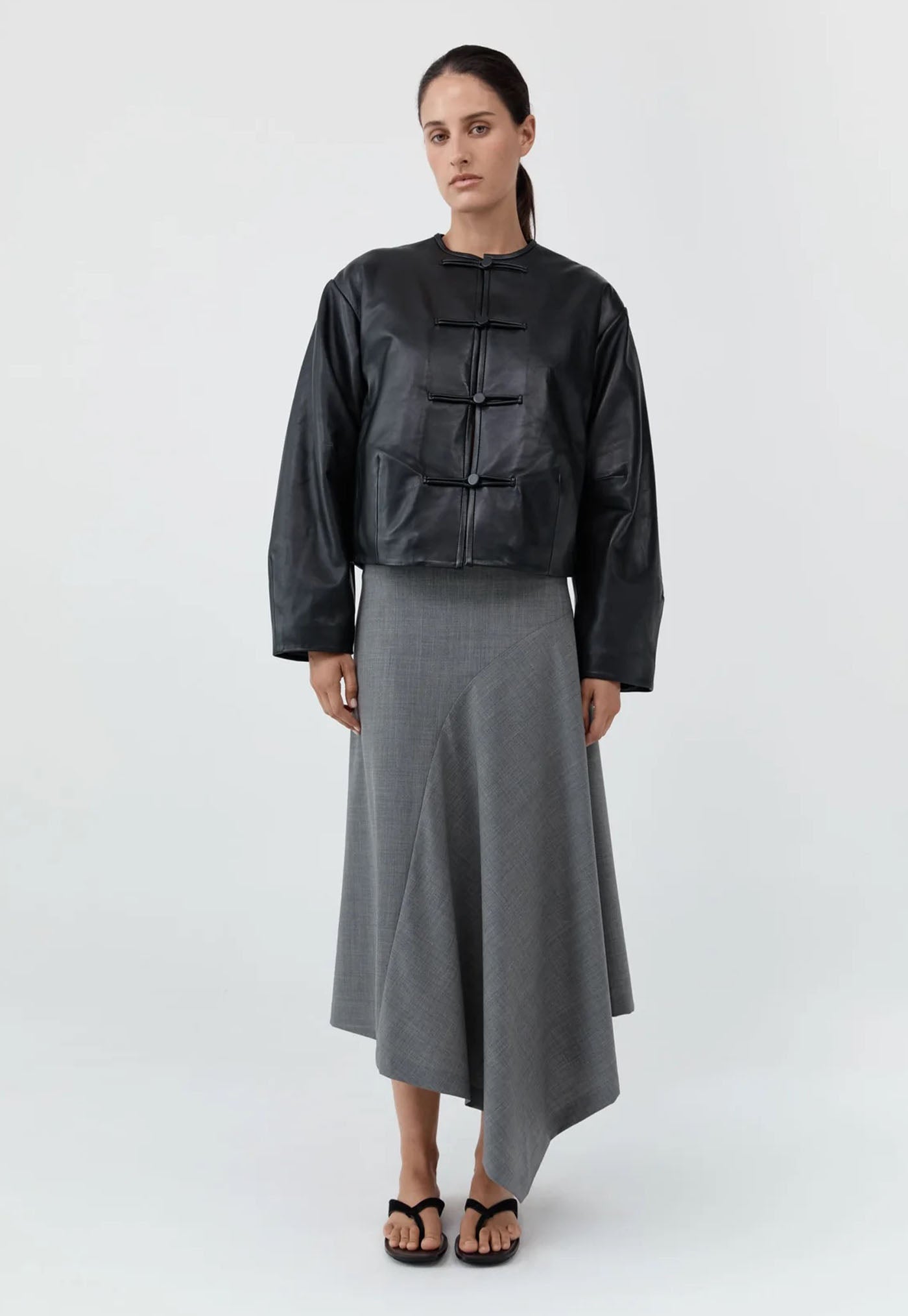 Button Detail Cocoon Leather Jacket - Black