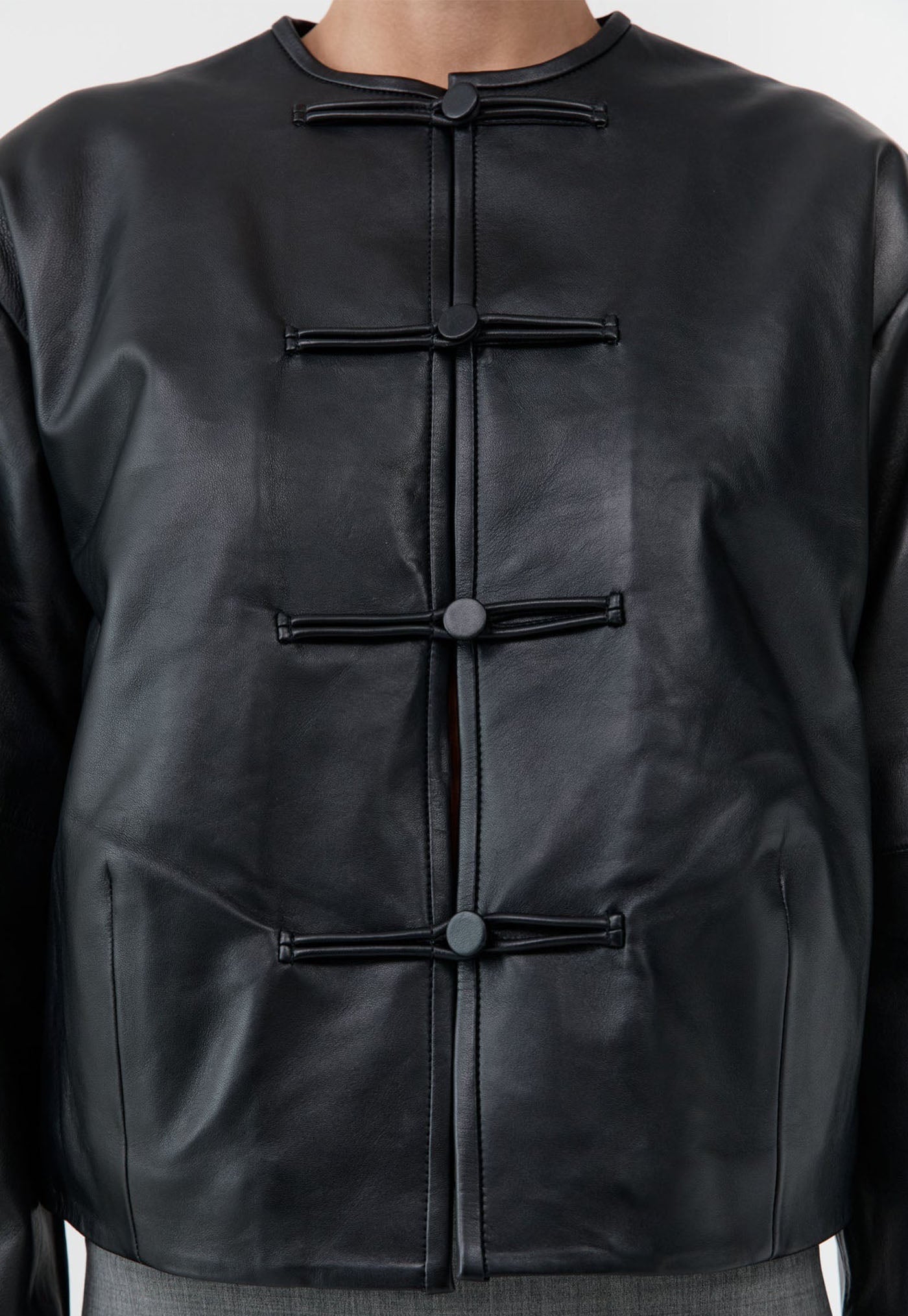 Button Detail Cocoon Leather Jacket - Black