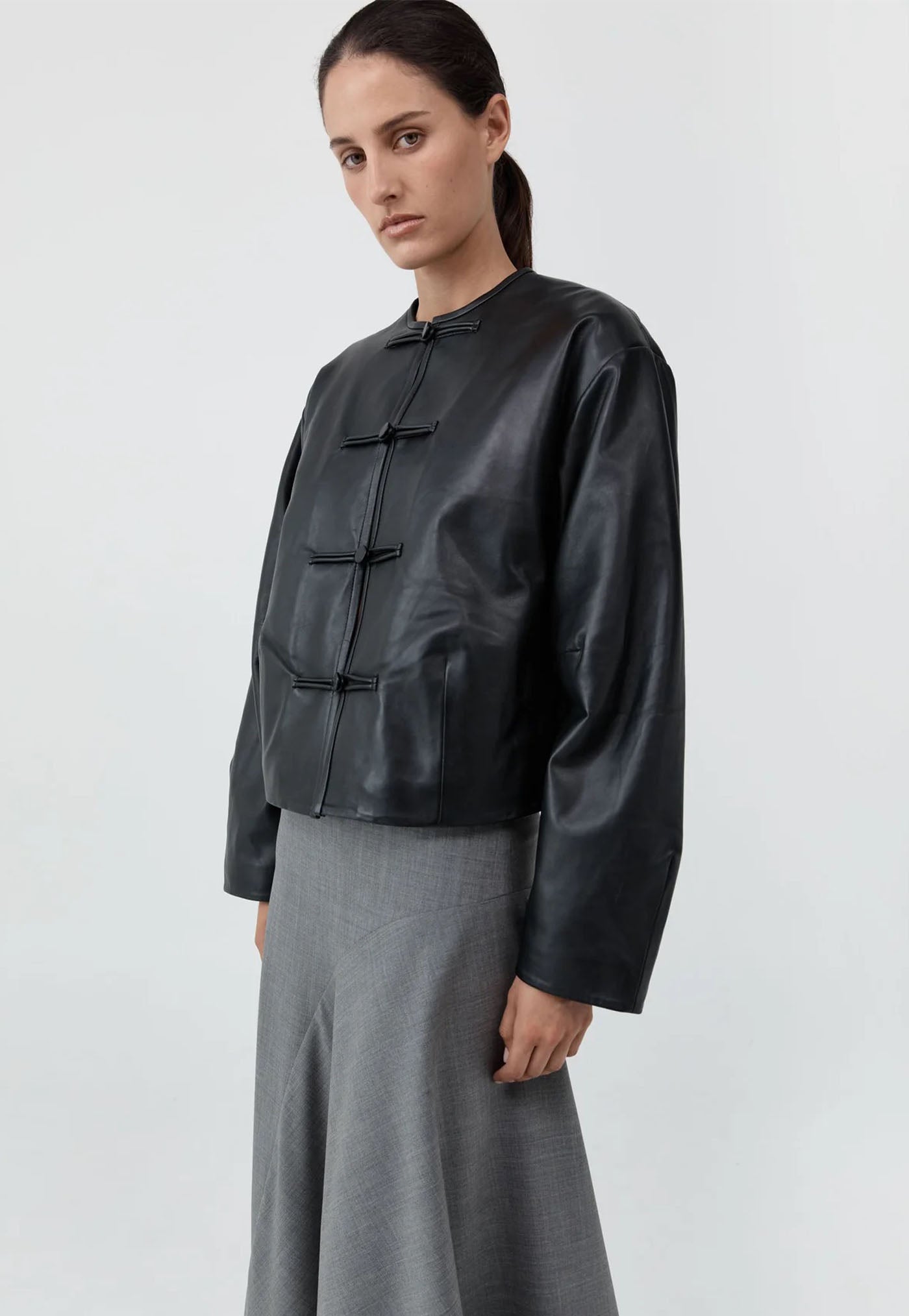 Button Detail Cocoon Leather Jacket - Black