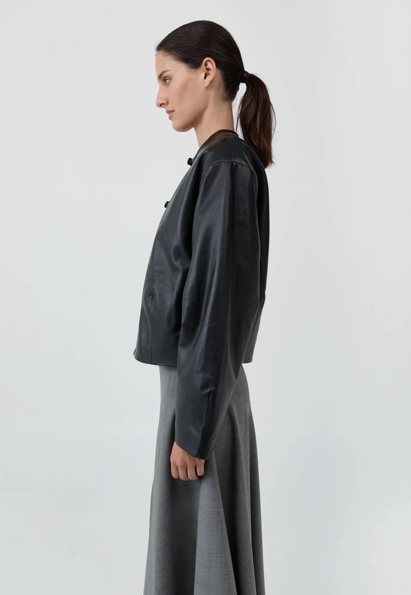 Button Detail Cocoon Leather Jacket - Black