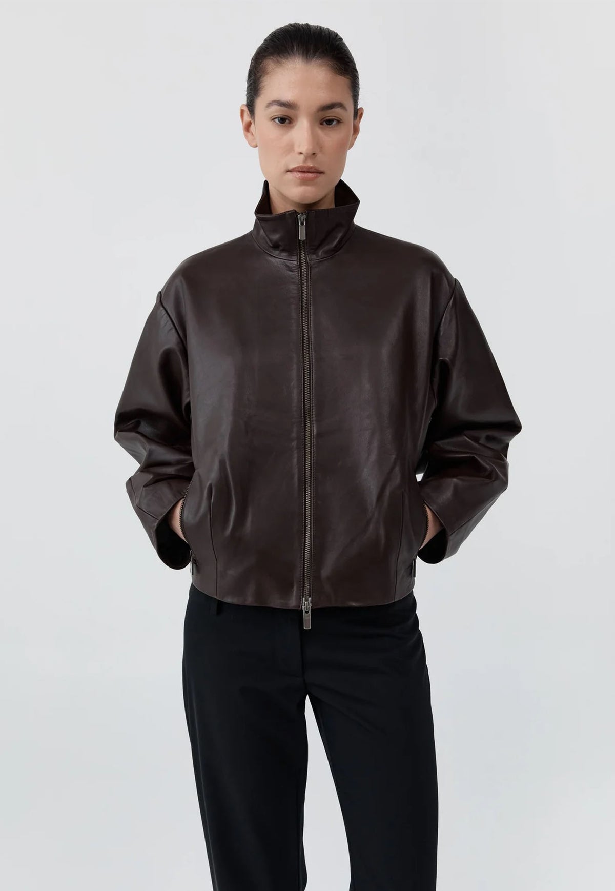Cocoon Zip Leather Jacket - Chocolate