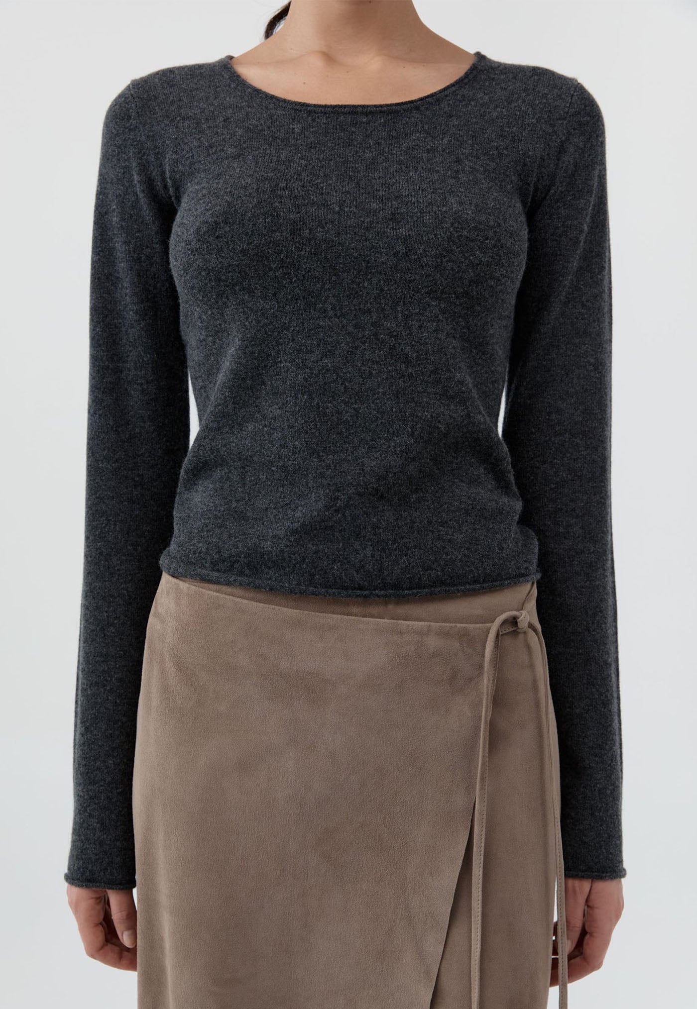 Fine Merino Wool Long Sleeve Top - Charcoal Melange