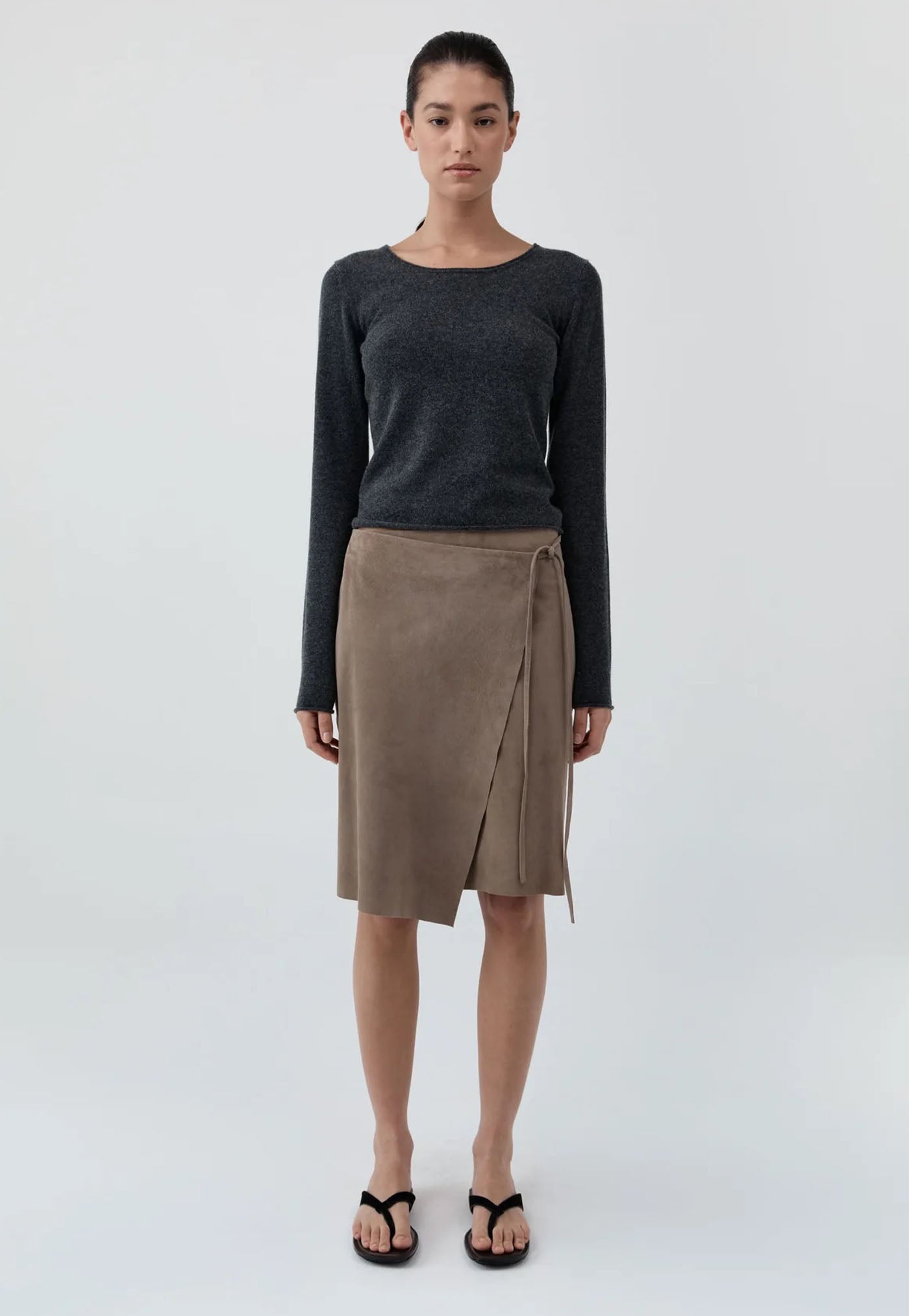Fine Merino Wool Long Sleeve Top - Charcoal Melange