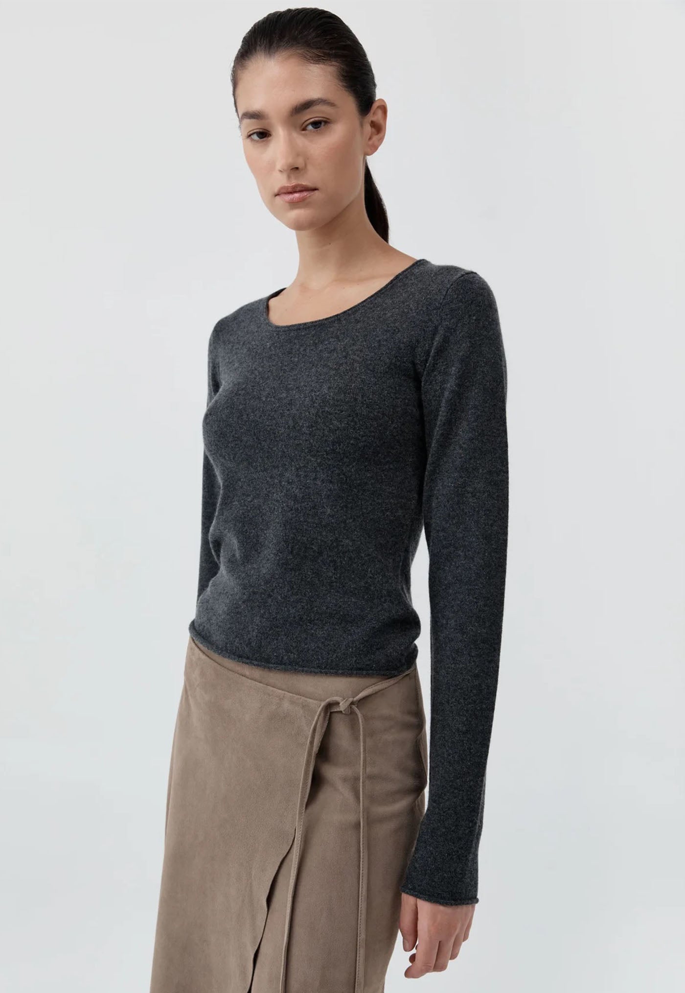 Fine Merino Wool Long Sleeve Top - Charcoal Melange