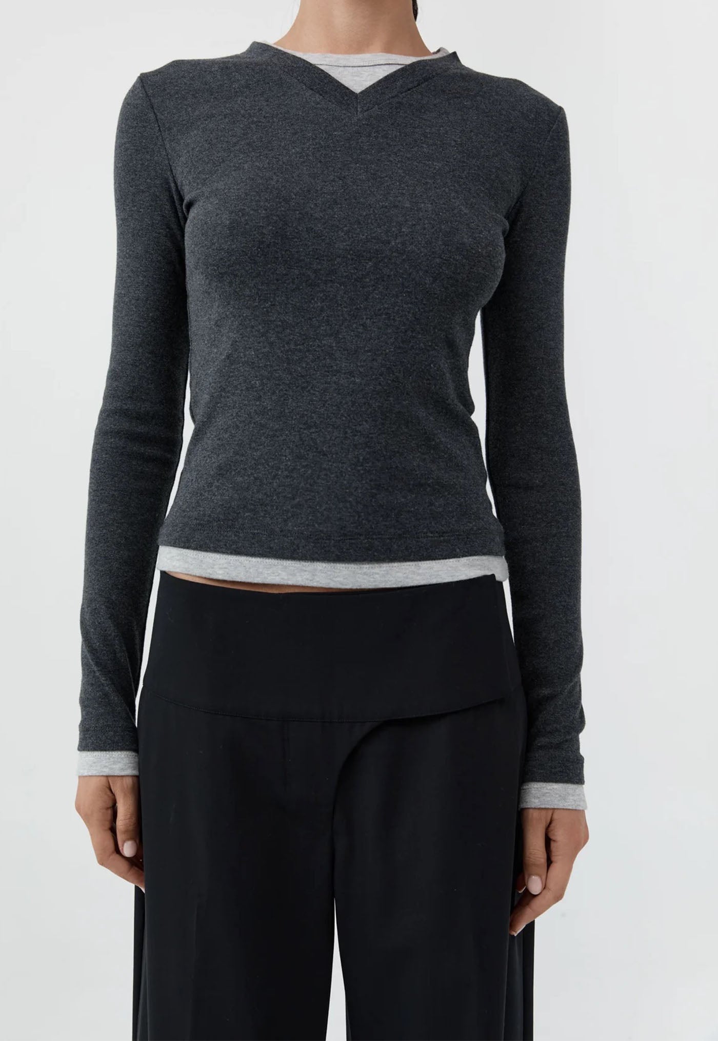 Organic Cotton V Neck Long Sleeve Top - Charcoal Melange