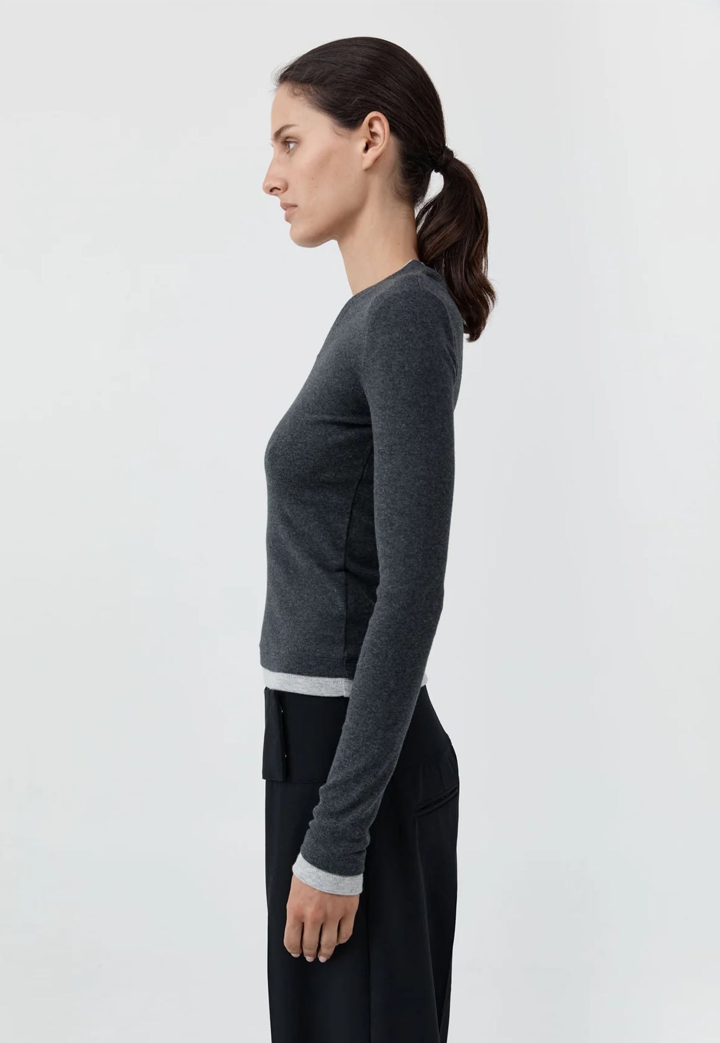 Organic Cotton V Neck Long Sleeve Top - Charcoal Melange