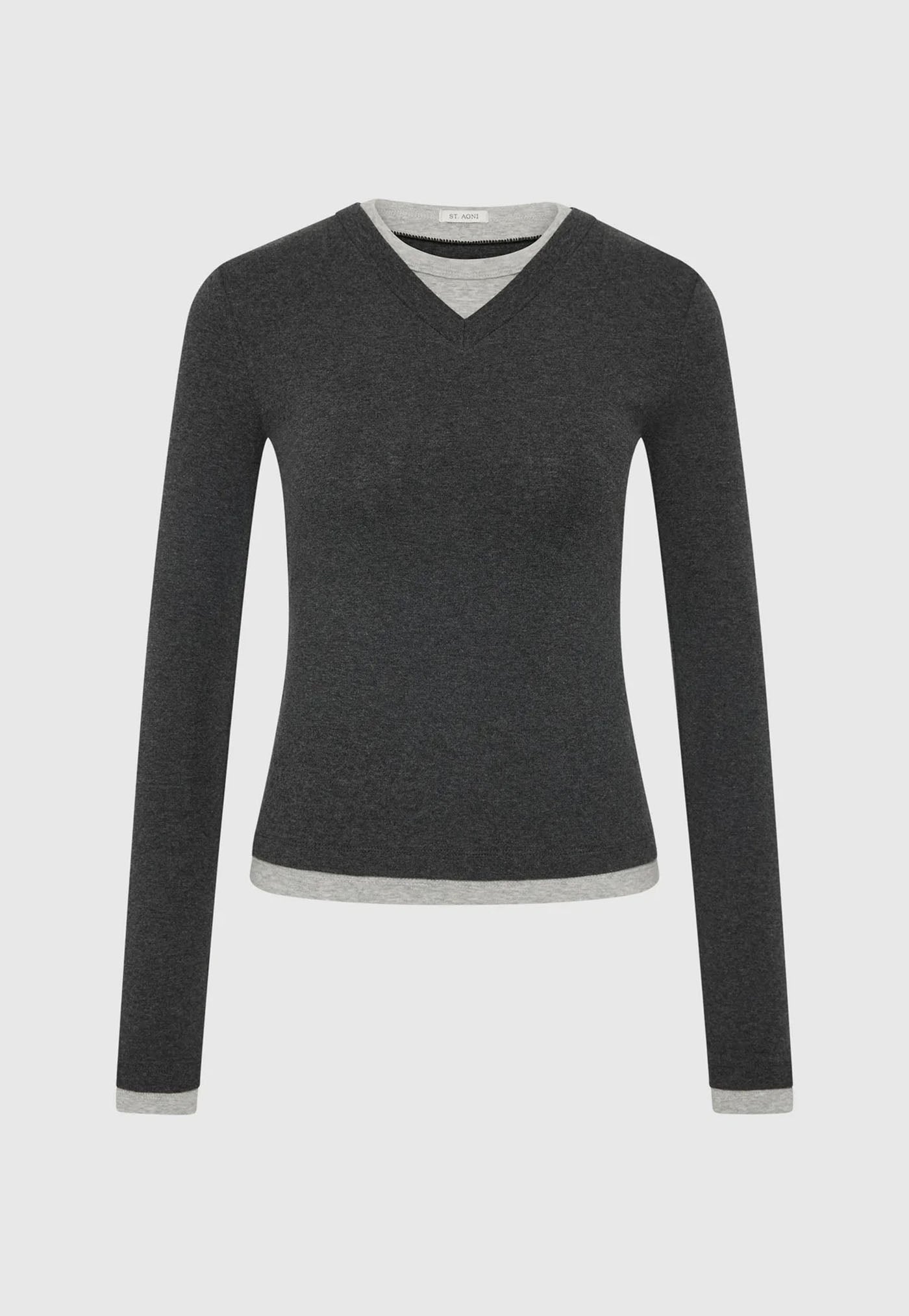 Organic Cotton V Neck Long Sleeve Top - Charcoal Melange