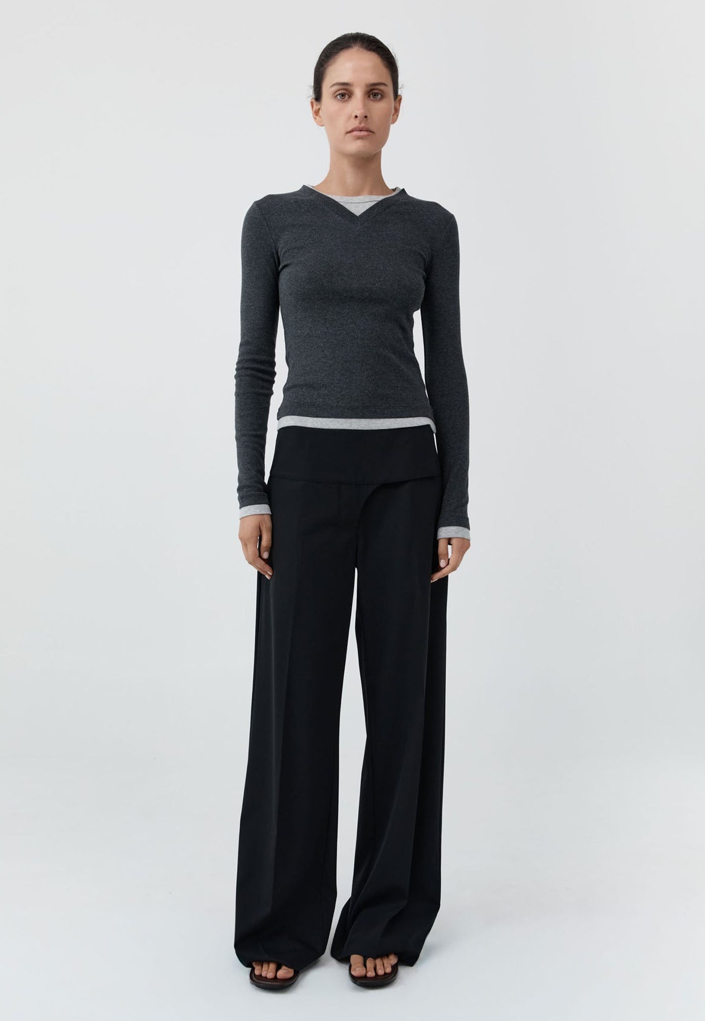 Organic Cotton V Neck Long Sleeve Top - Charcoal Melange