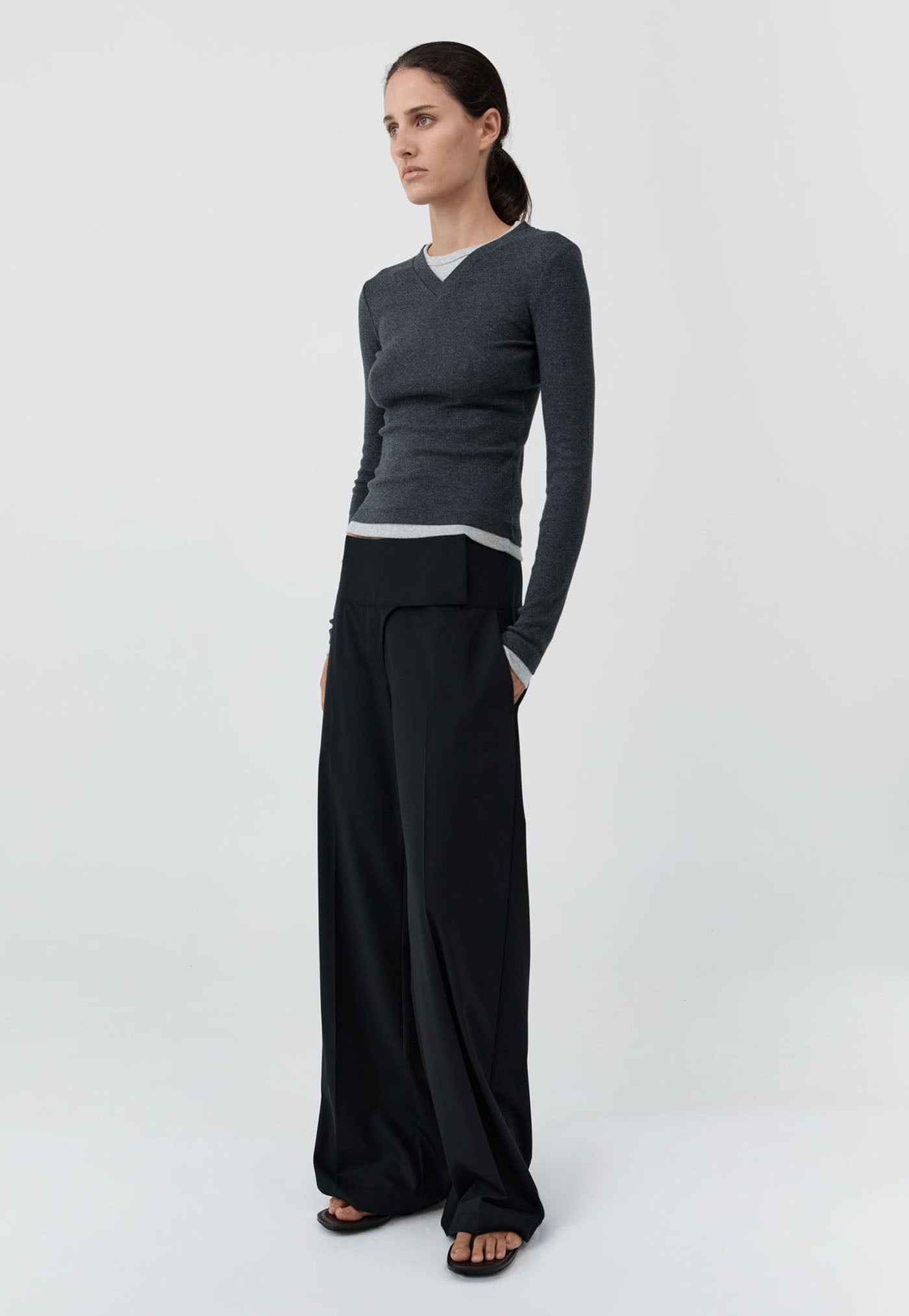 Organic Cotton V Neck Long Sleeve Top - Charcoal Melange