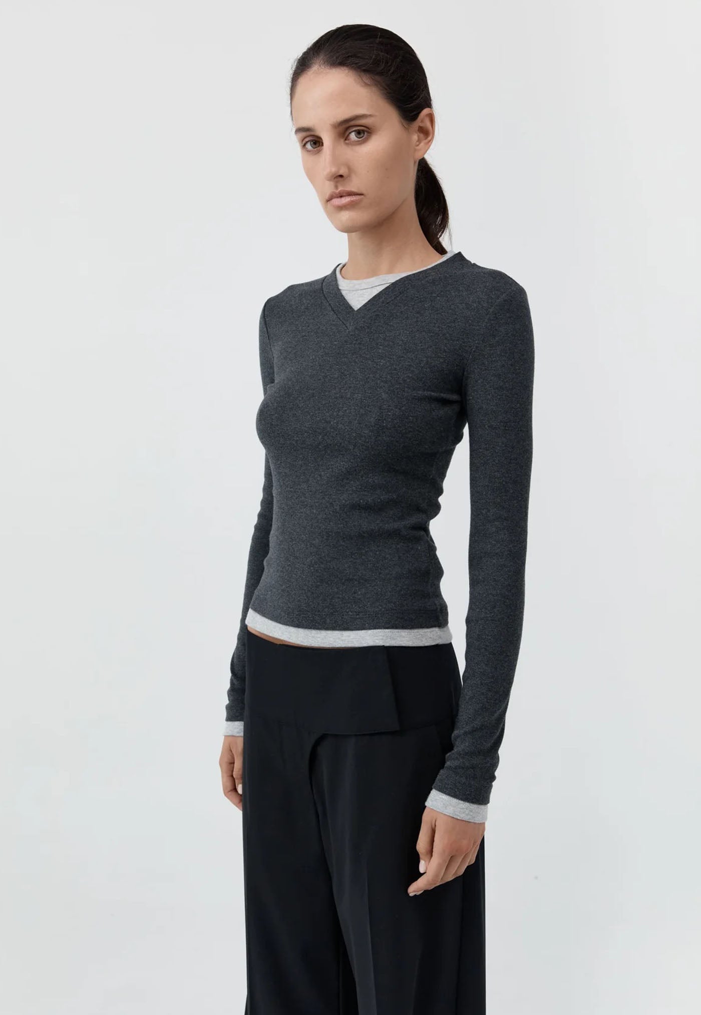 Organic Cotton V Neck Long Sleeve Top - Charcoal Melange