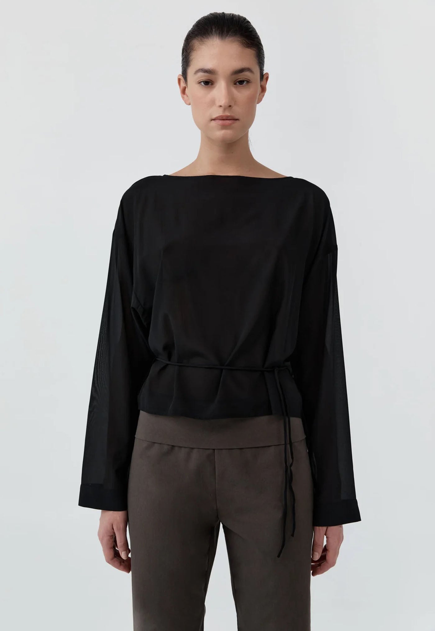 Stretch Silk Bateau Top - Black