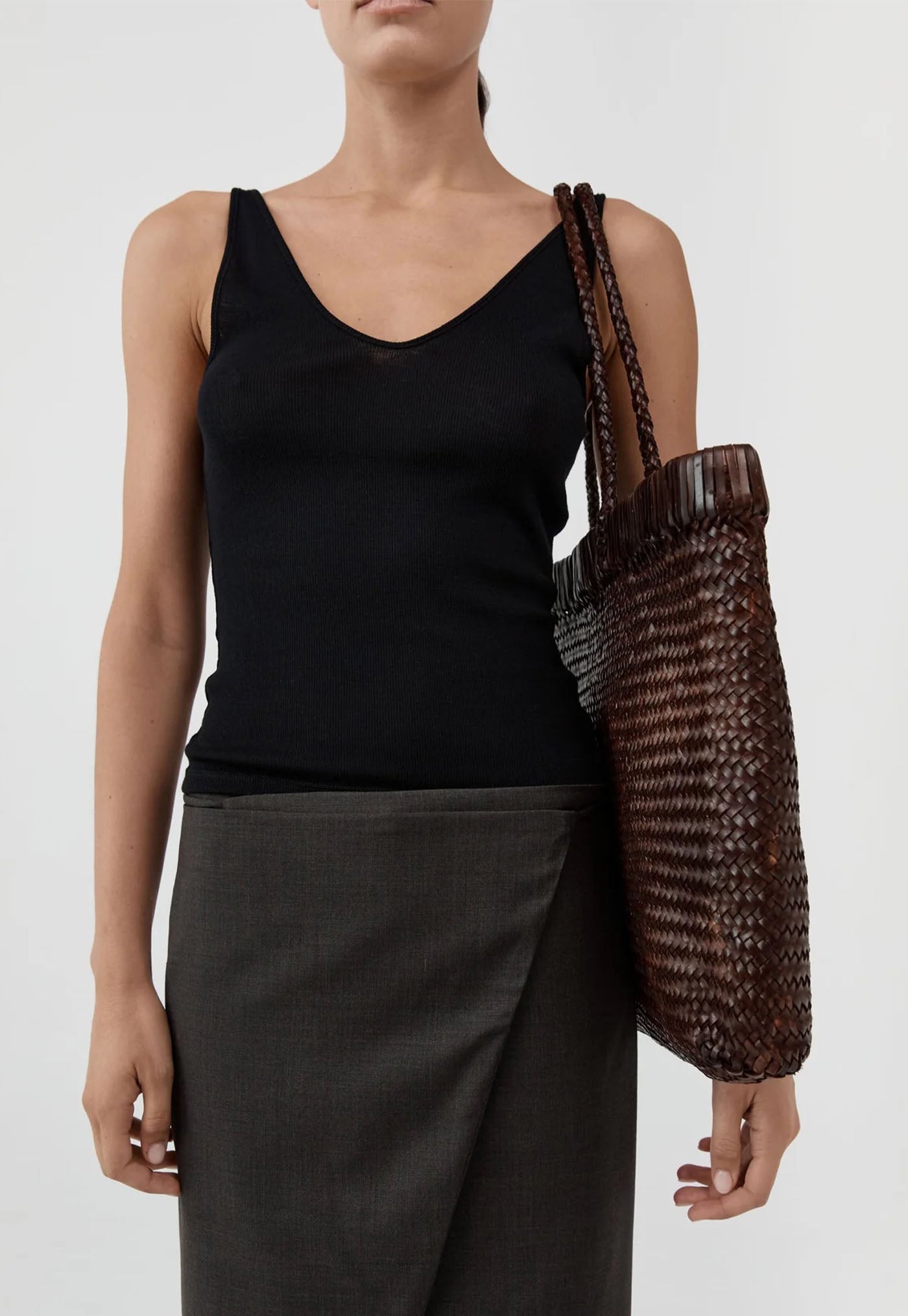 Wide Bagu Woven Tote - Chocolate