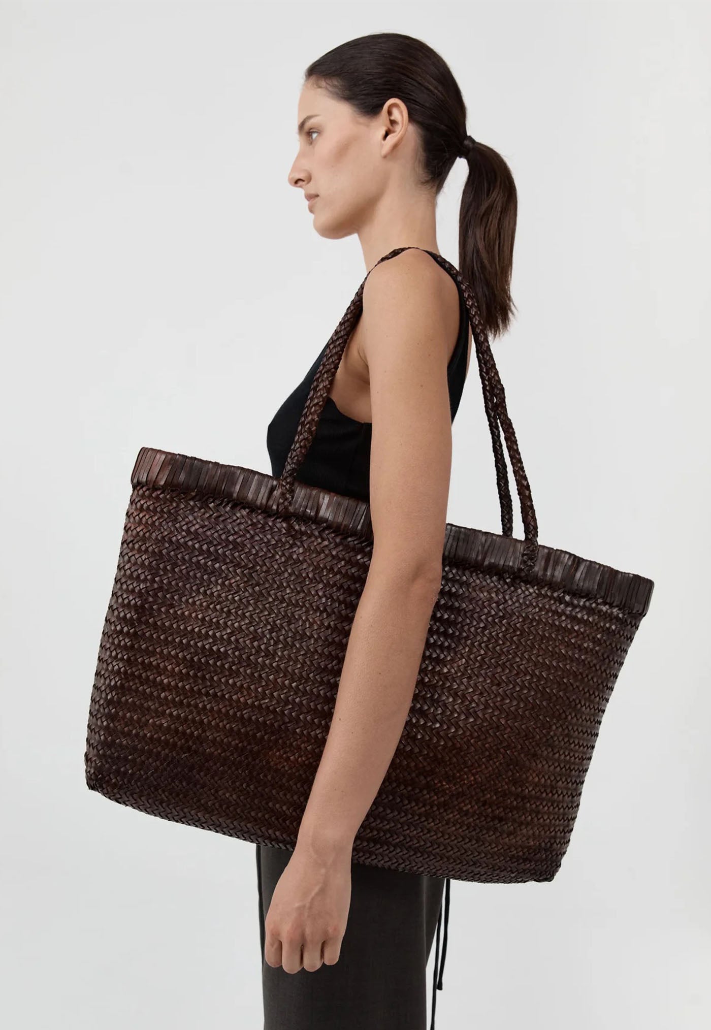 Wide Bagu Woven Tote - Chocolate