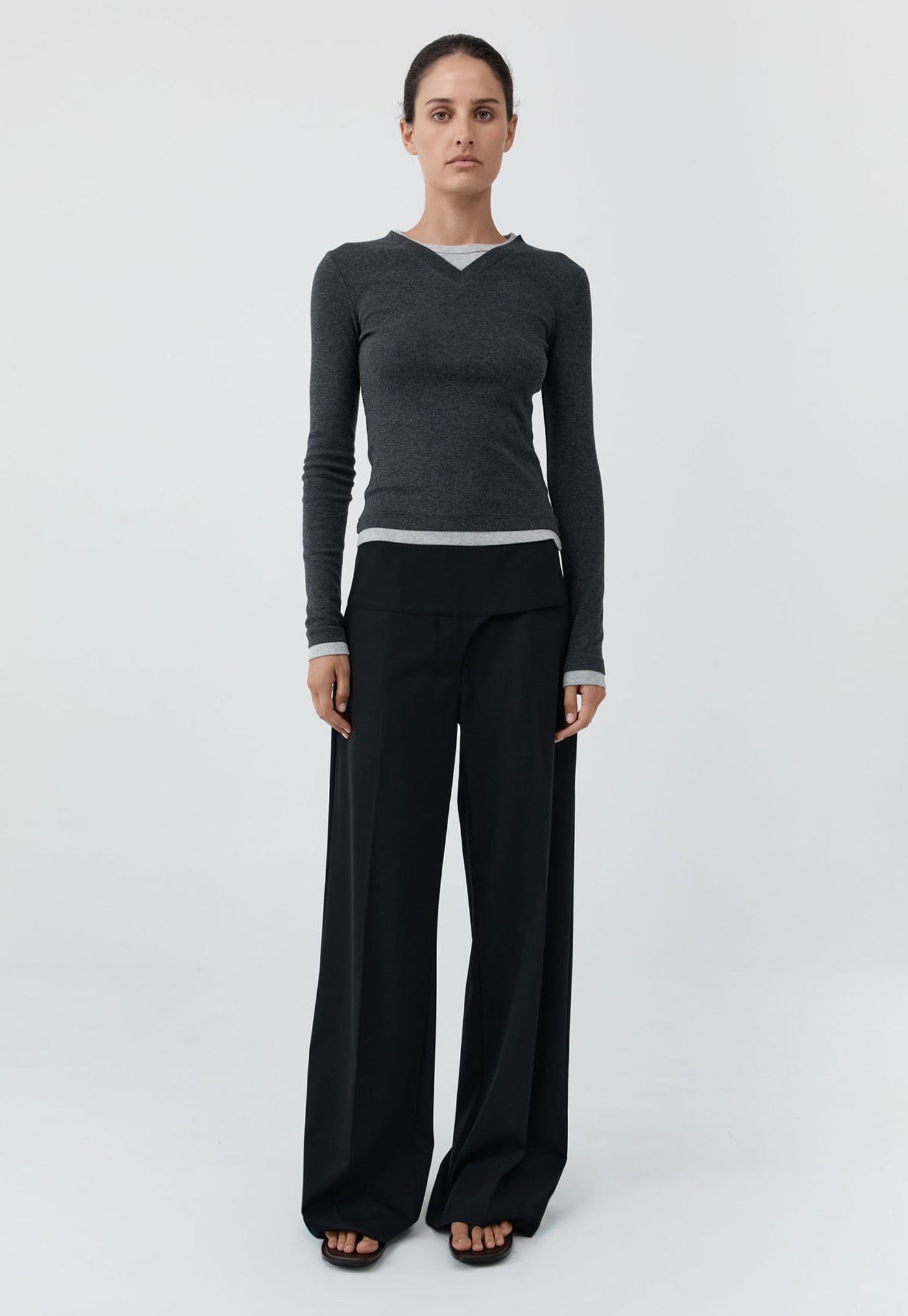 Wool Wide Waistband Pants - Black
