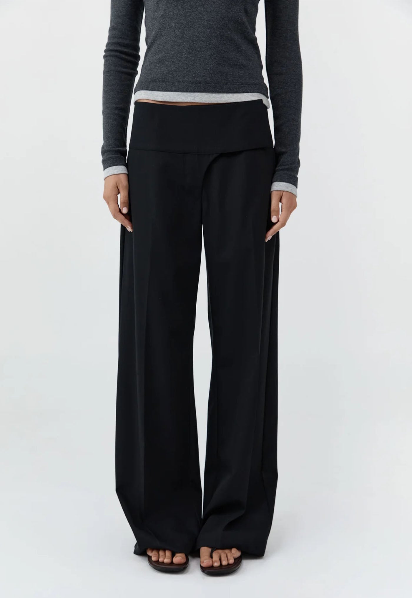 Wool Wide Waistband Pants - Black