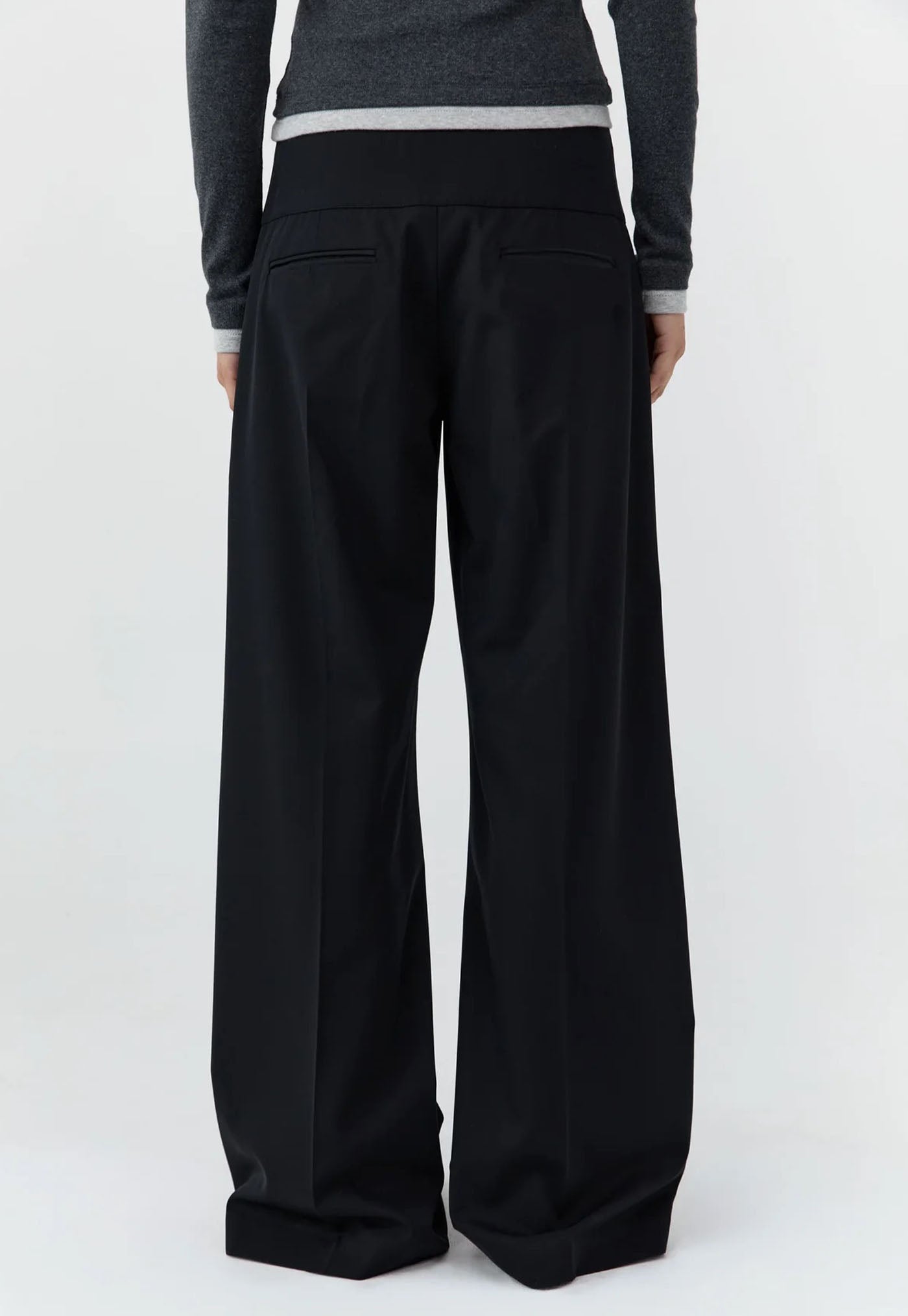 Wool Wide Waistband Pants - Black