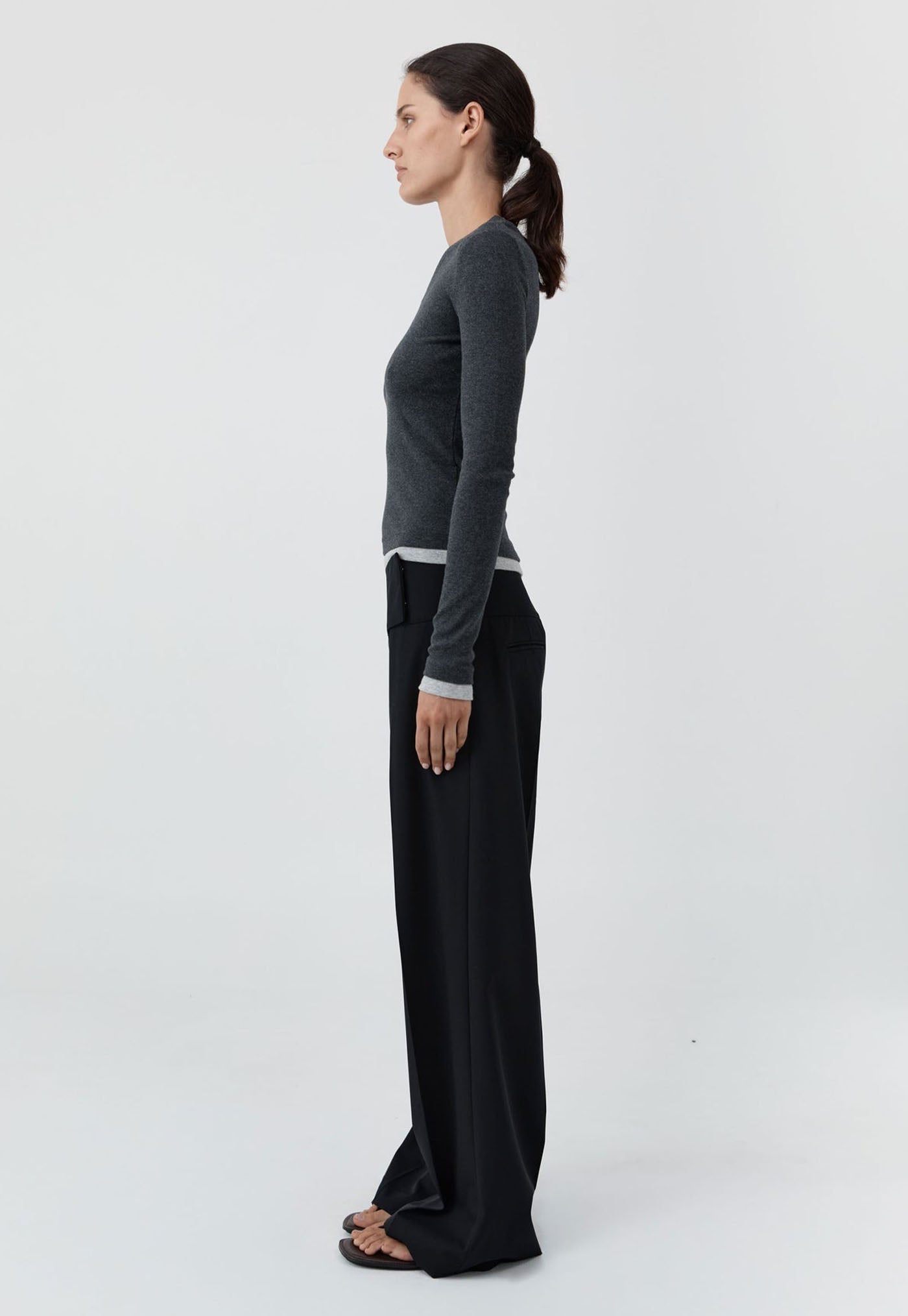 Wool Wide Waistband Pants - Black
