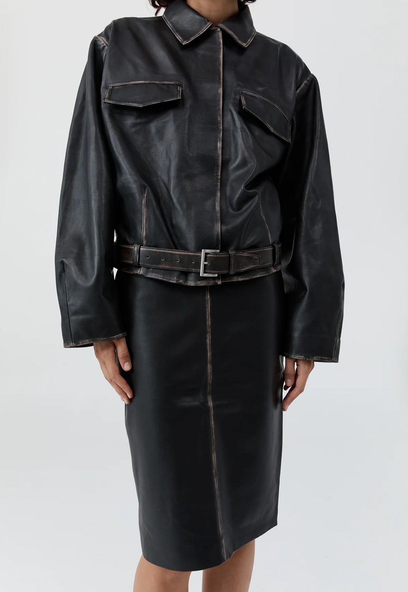 Brushed Leather Belted Jacket - Black