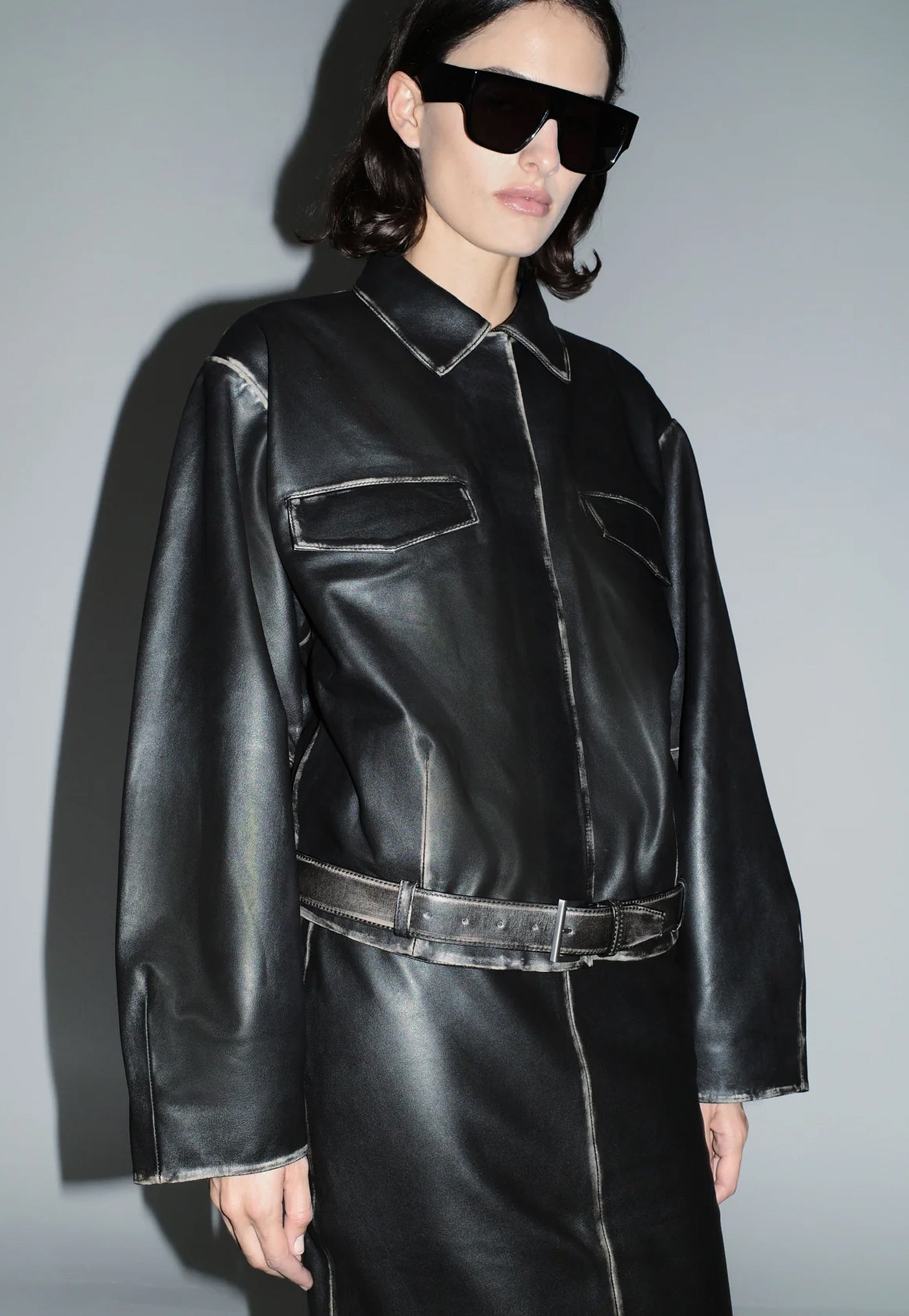 Brushed Leather Belted Jacket - Black