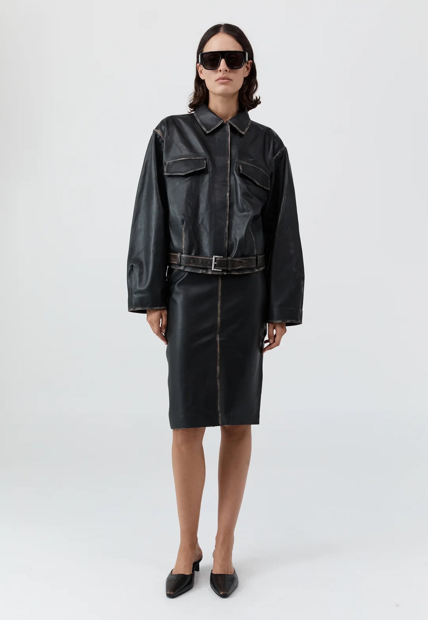 Brushed Leather Belted Jacket - Black